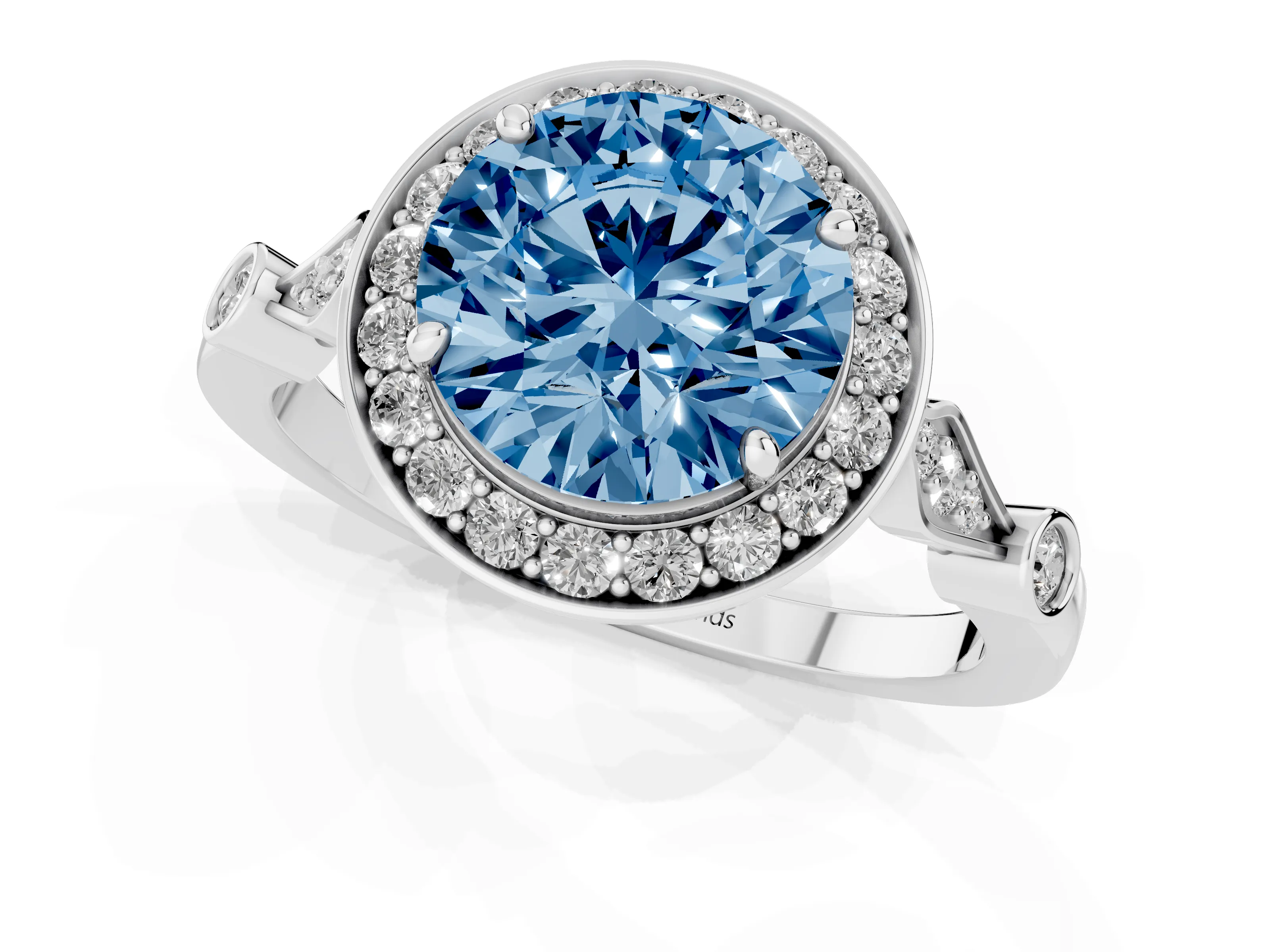 Fancy Blue Round Cut Diamond Halo Engagement Ring Set in Platinum with Twisted Band and Prong Setting
