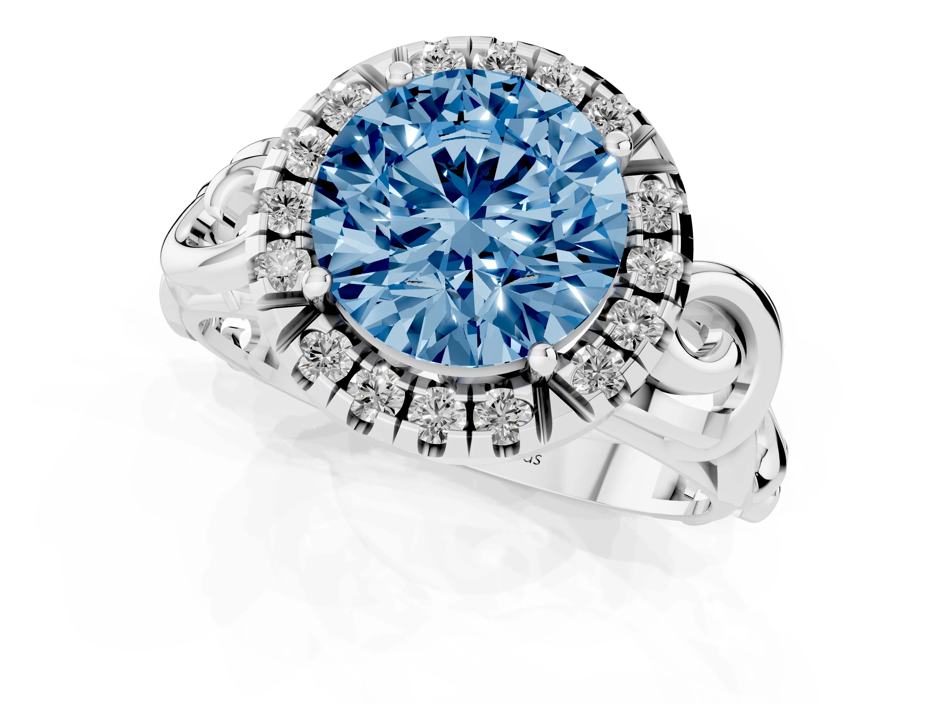 Fancy Blue Round Cut Diamond Halo Ring Set in White gold with Scrollwork Band and Prong Setting