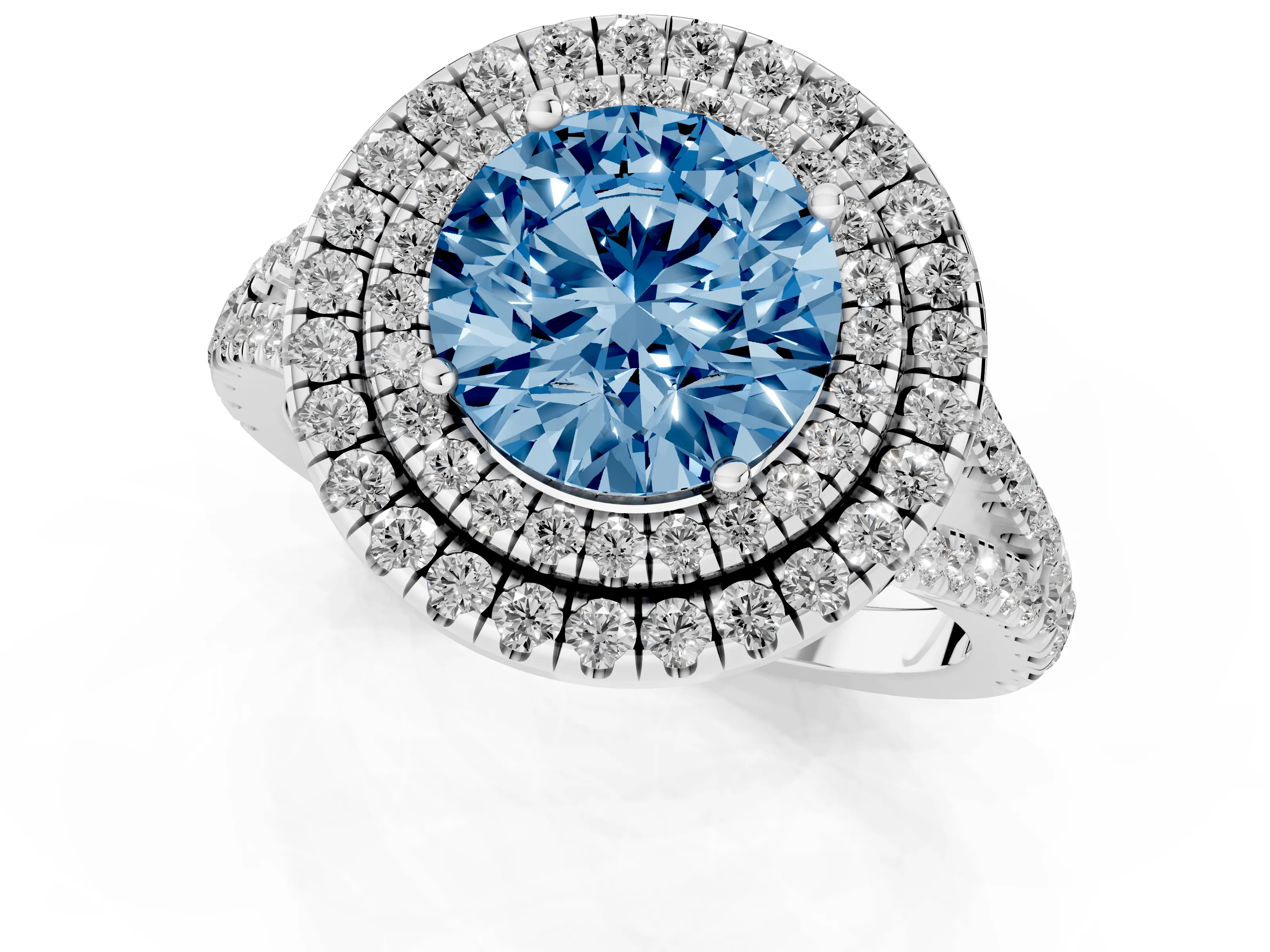 Fancy Blue Round Cut Diamond Double Halo Ring Set in Platinum with Pavé Band