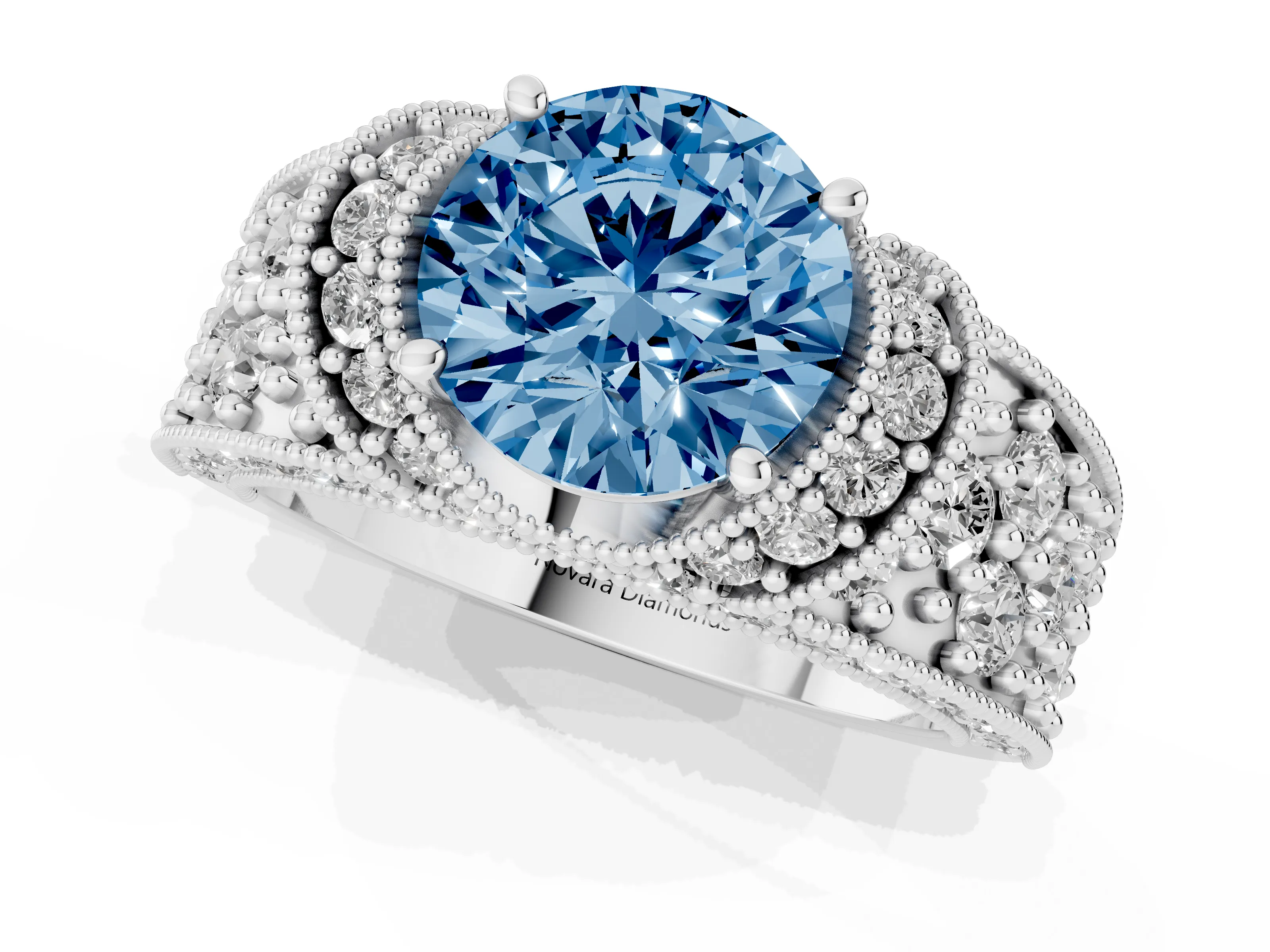 Fancy Blue Round Cut Diamond Milgrain Halo Pavé Engagement Ring Set in Platinum with Prong Setting