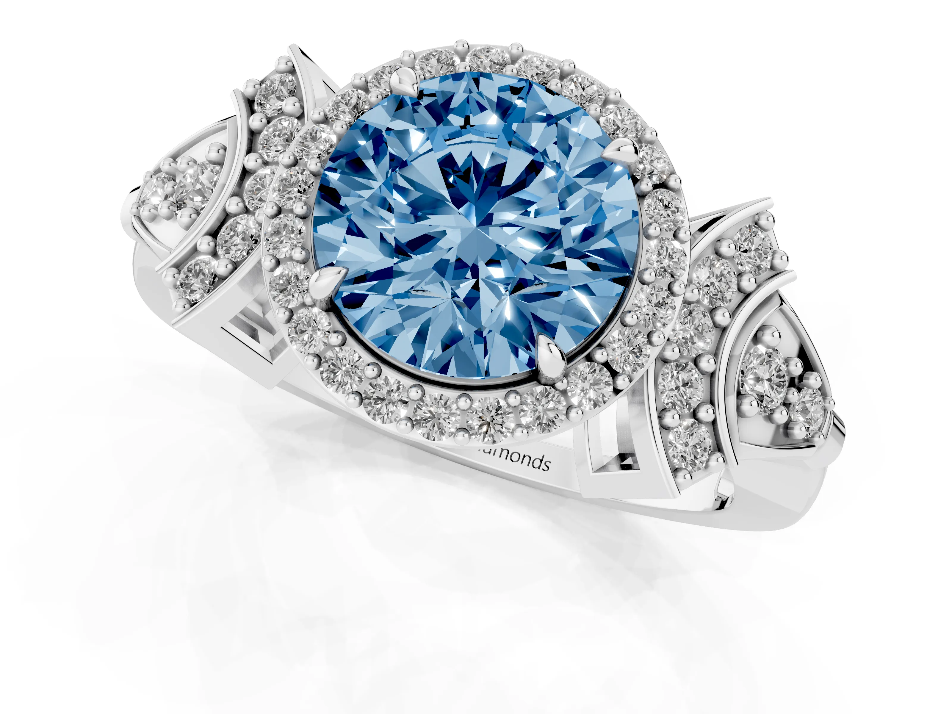 Fancy Blue Round Cut Diamond Halo Engagement Ring Set in Silver with Accent Stone Split Shank