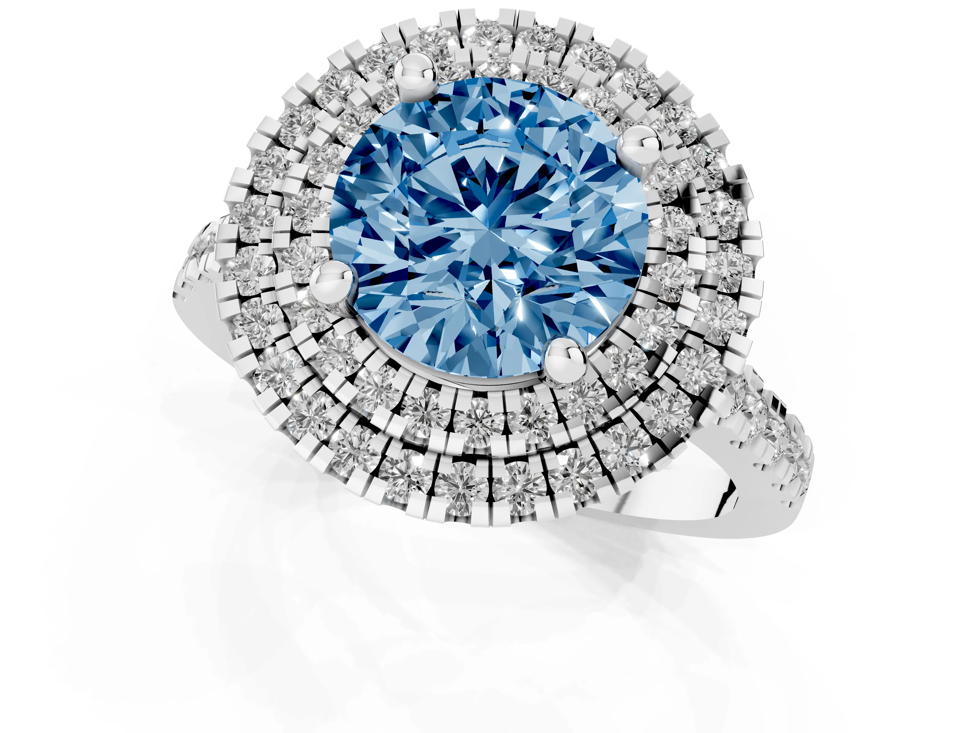 Fancy Blue Round Cut Diamond Double Halo Statement Ring Set in White gold with Pavé Band