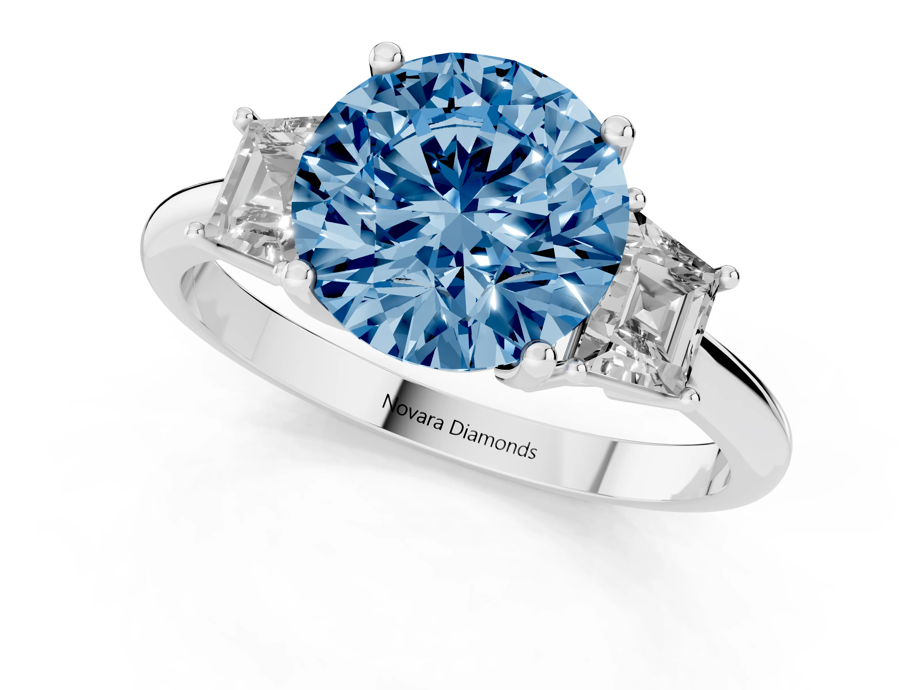 Fancy Blue Round Cut Diamond Three-Stone Ring Set in Silver with Trapezoid Side Stones and Prong Setting