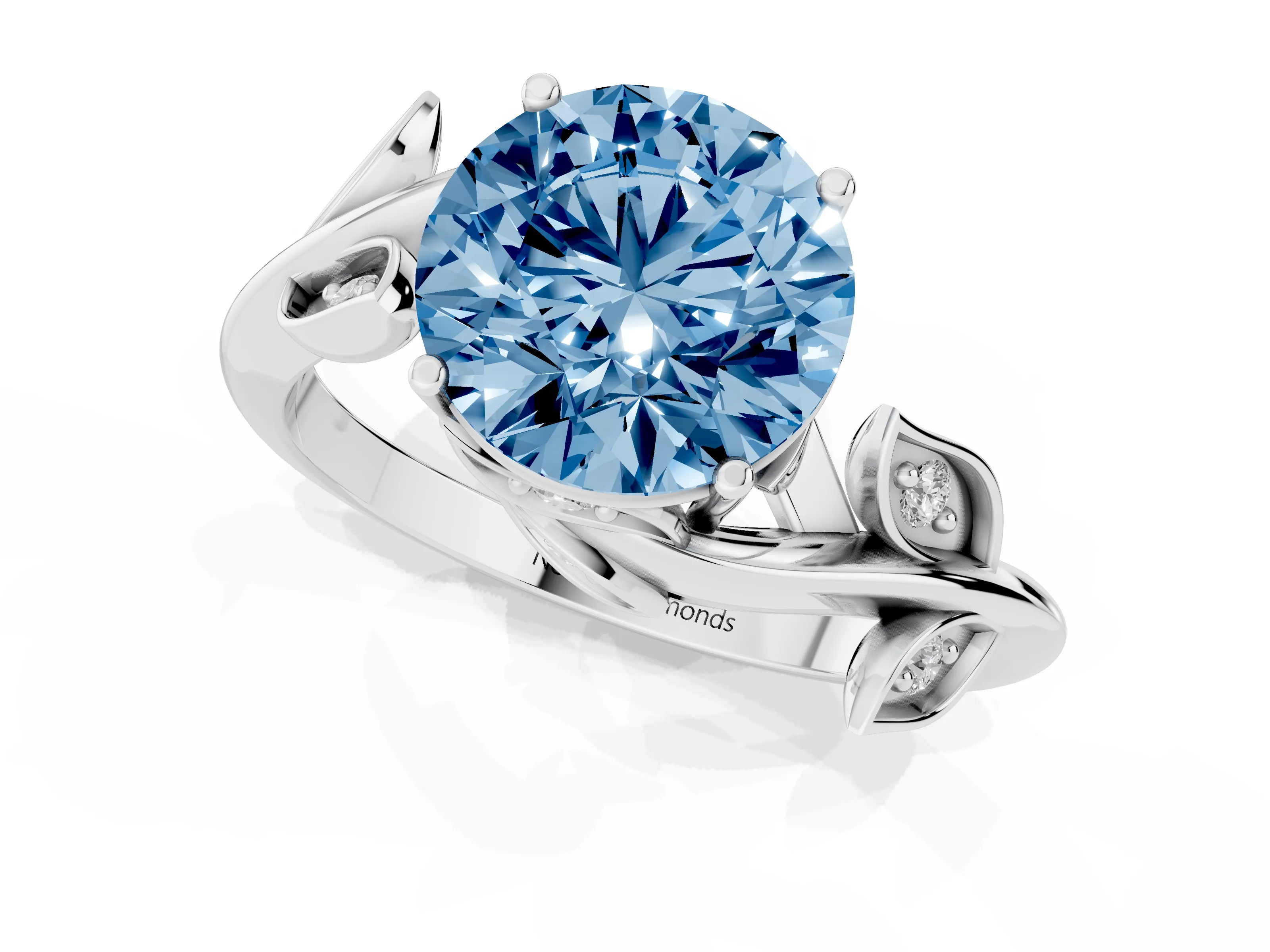 Fancy Blue Round Cut Diamond Solitaire Twist Engagement Ring Set in Silver with Pavé Leaf Accents