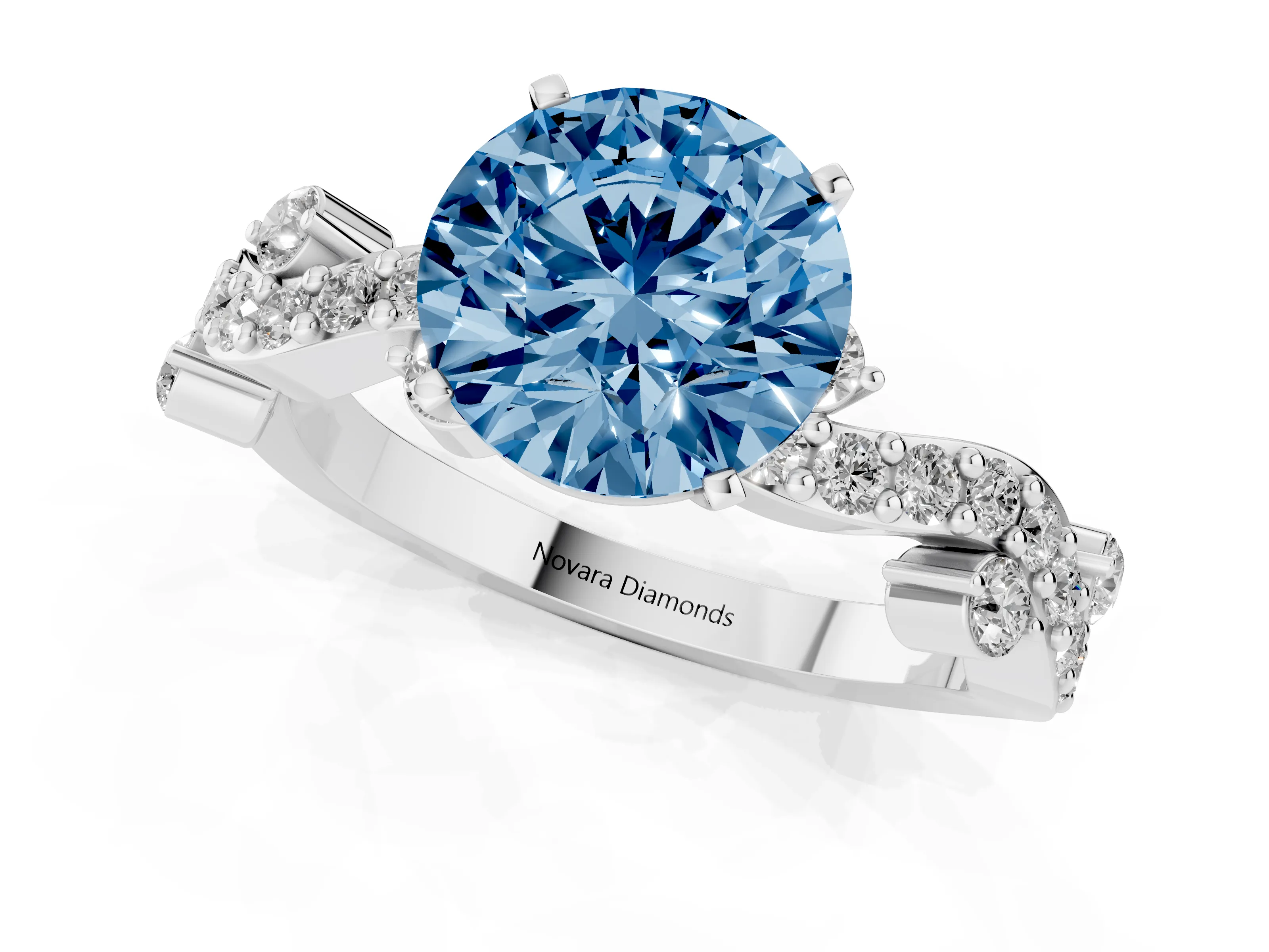 Fancy Blue Round Cut Diamond Solitaire Twisted Band Set in Platinum with Pavé Setting