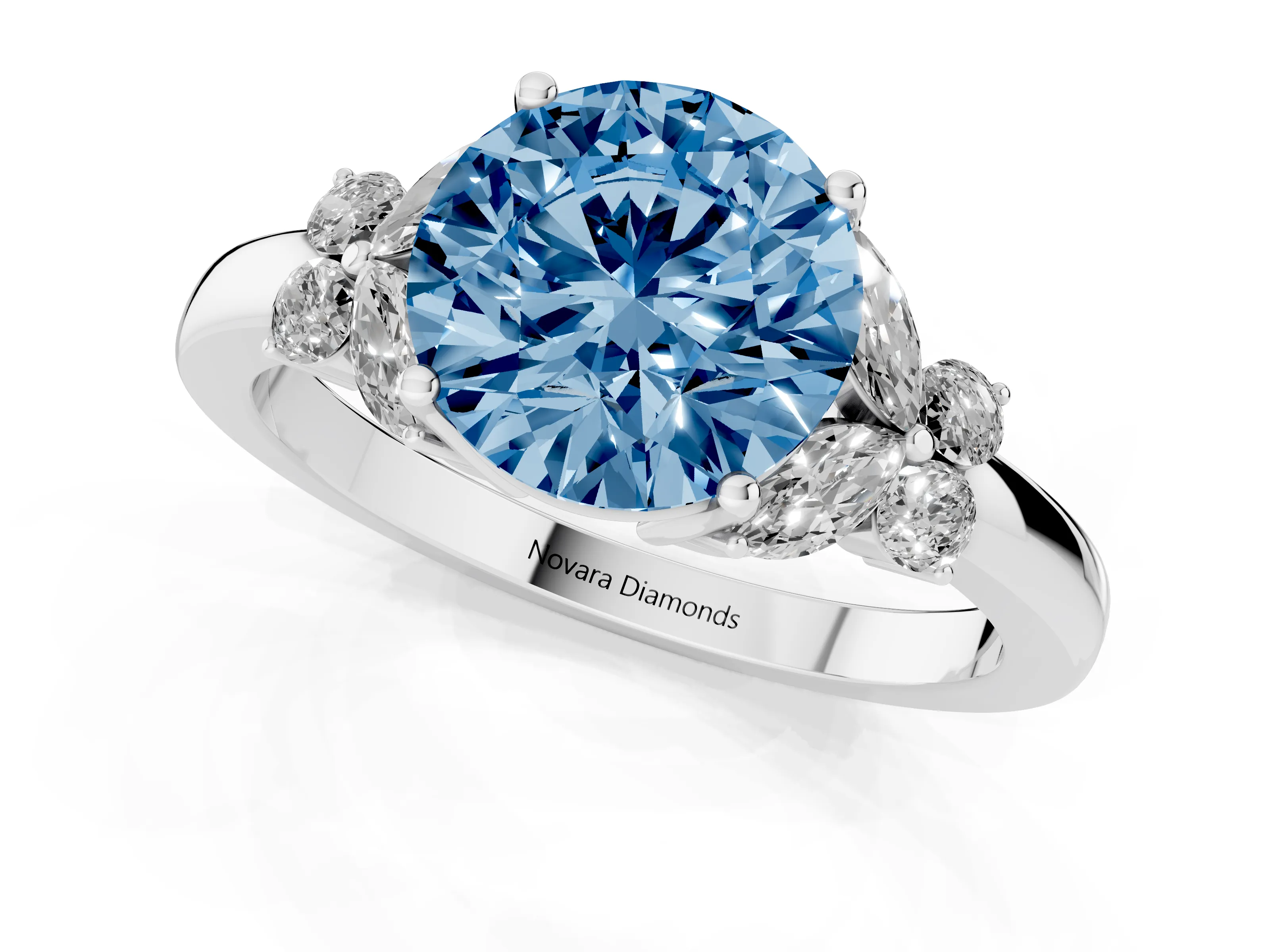 Fancy Blue Round Cut Diamond Solitaire Floral Ring Set in Silver with Marquise Petals and Prong Setting