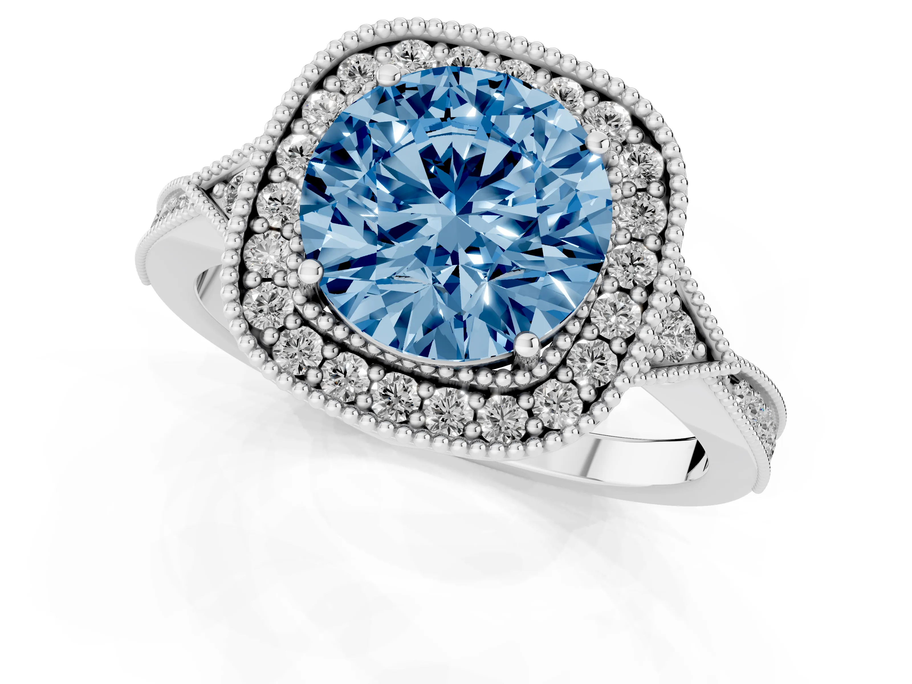 Fancy Blue Round Cut Diamond Halo Engagement Ring Set in Platinum with Milgrain Pavé Band – second view