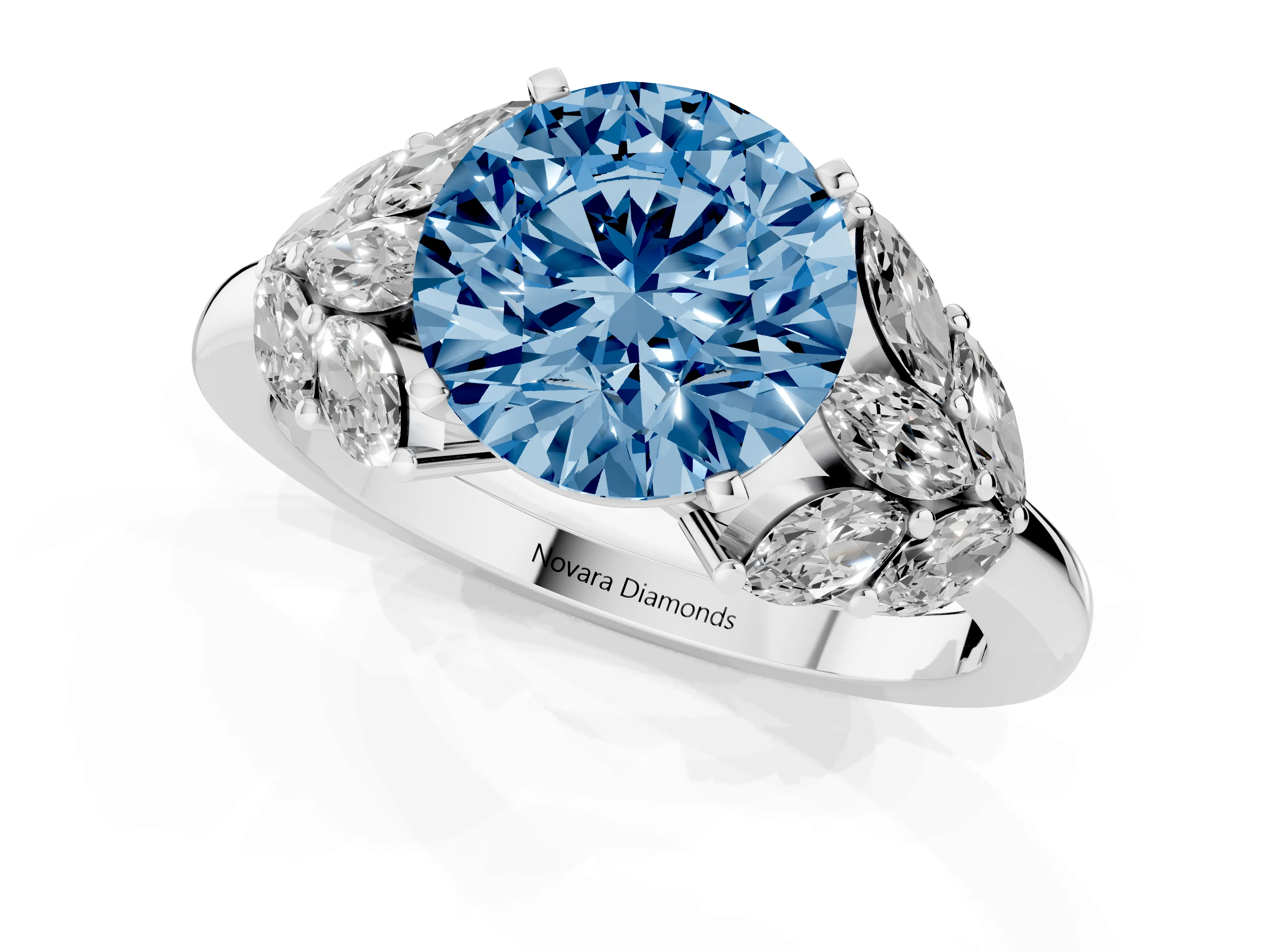 Fancy Blue Round Cut Diamond Cluster Leaf Design Ring Set in Silver with Prong Setting
