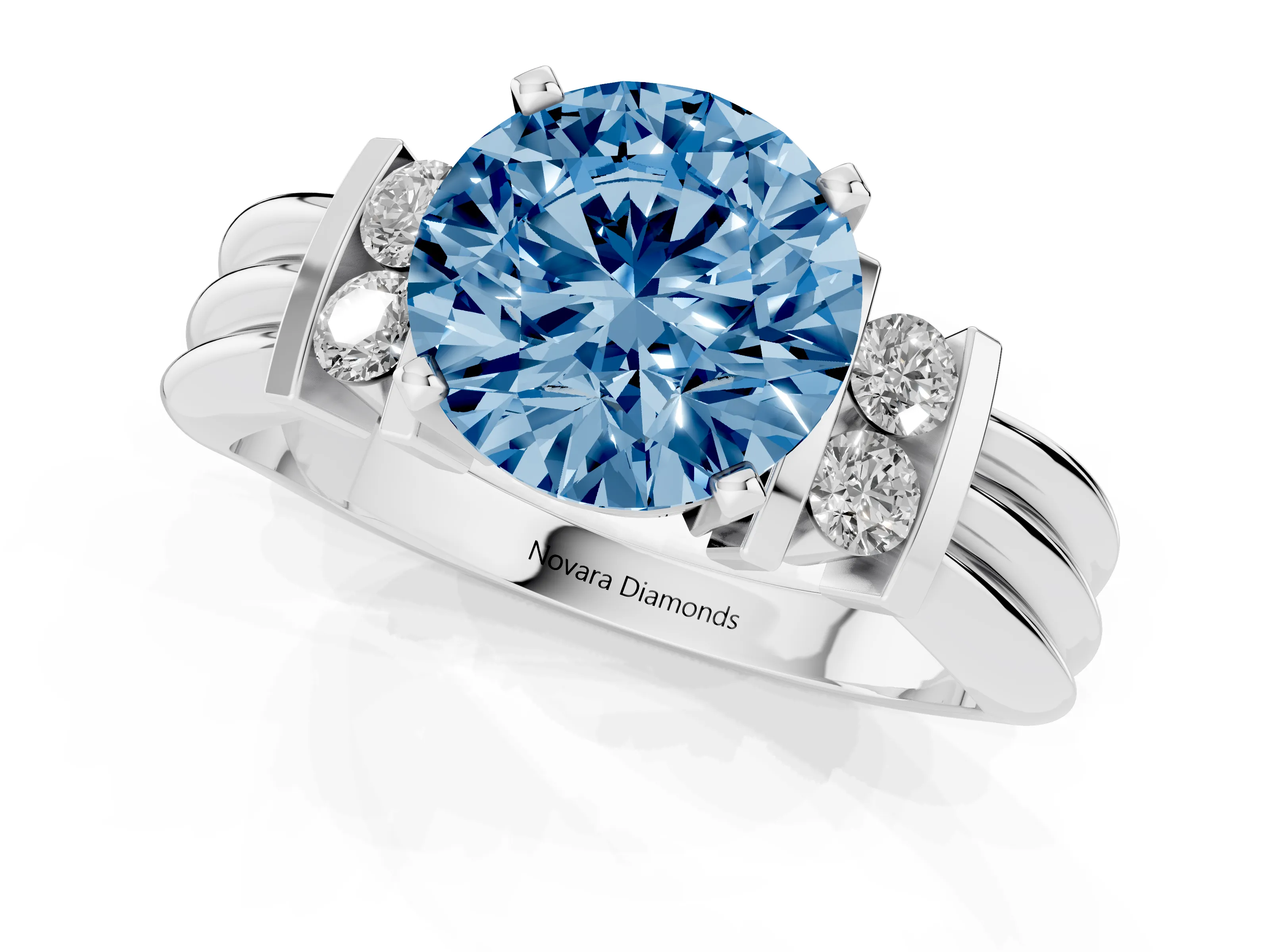 Fancy Blue Three-Stone Round Cut Diamond Channel Set Ring Set in White gold with Bar Prongs