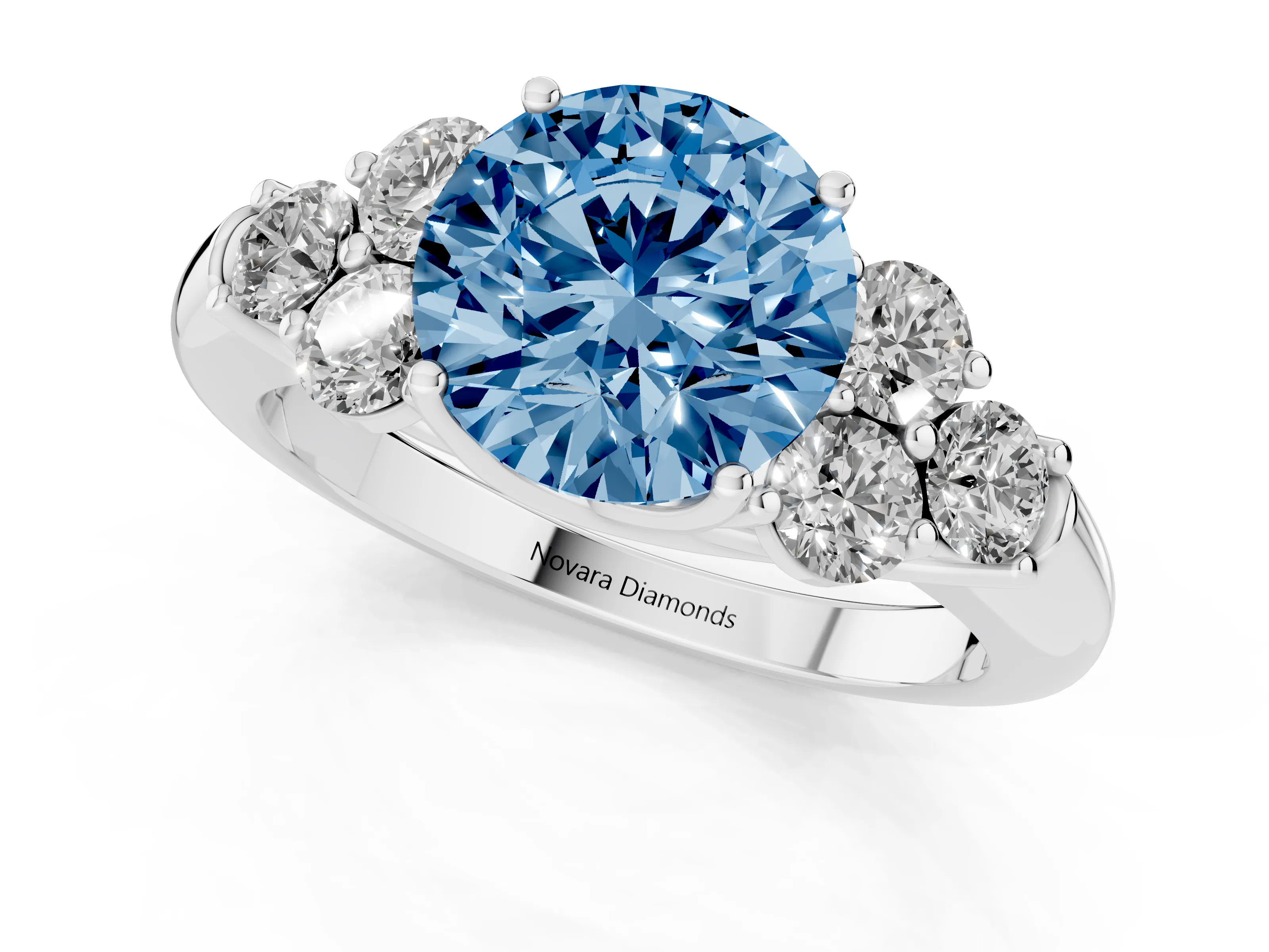 Fancy Blue Round Cut Diamond Cluster Ring Set in Platinum with Round Accent Stones and Prong Setting on a Plain Band