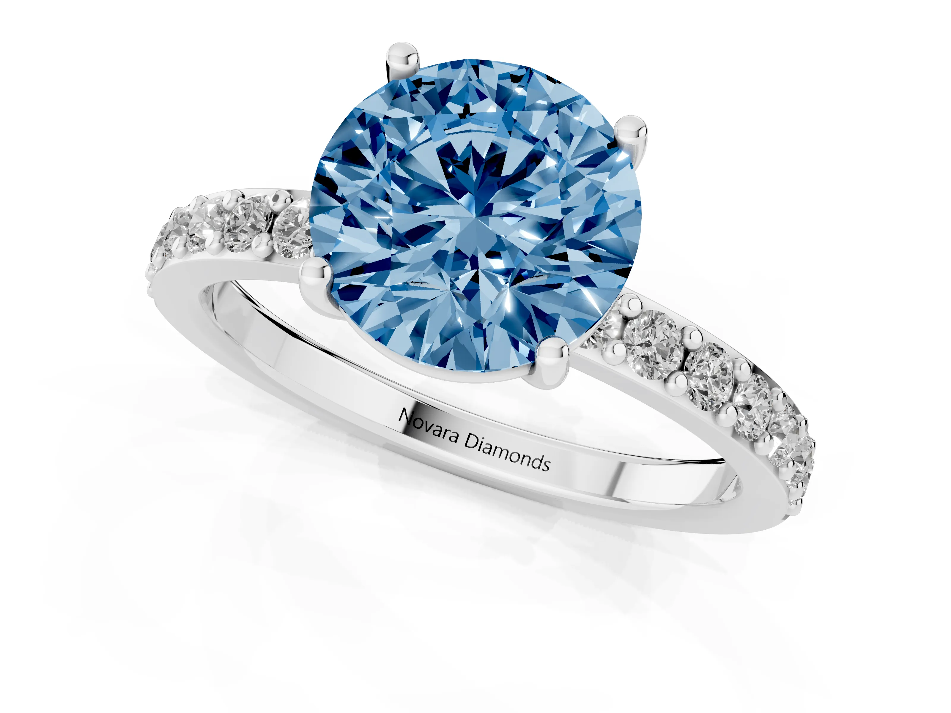 Fancy Blue Round Cut Diamond Solitaire Set in Silver with Round Pavé Band and Prong Setting