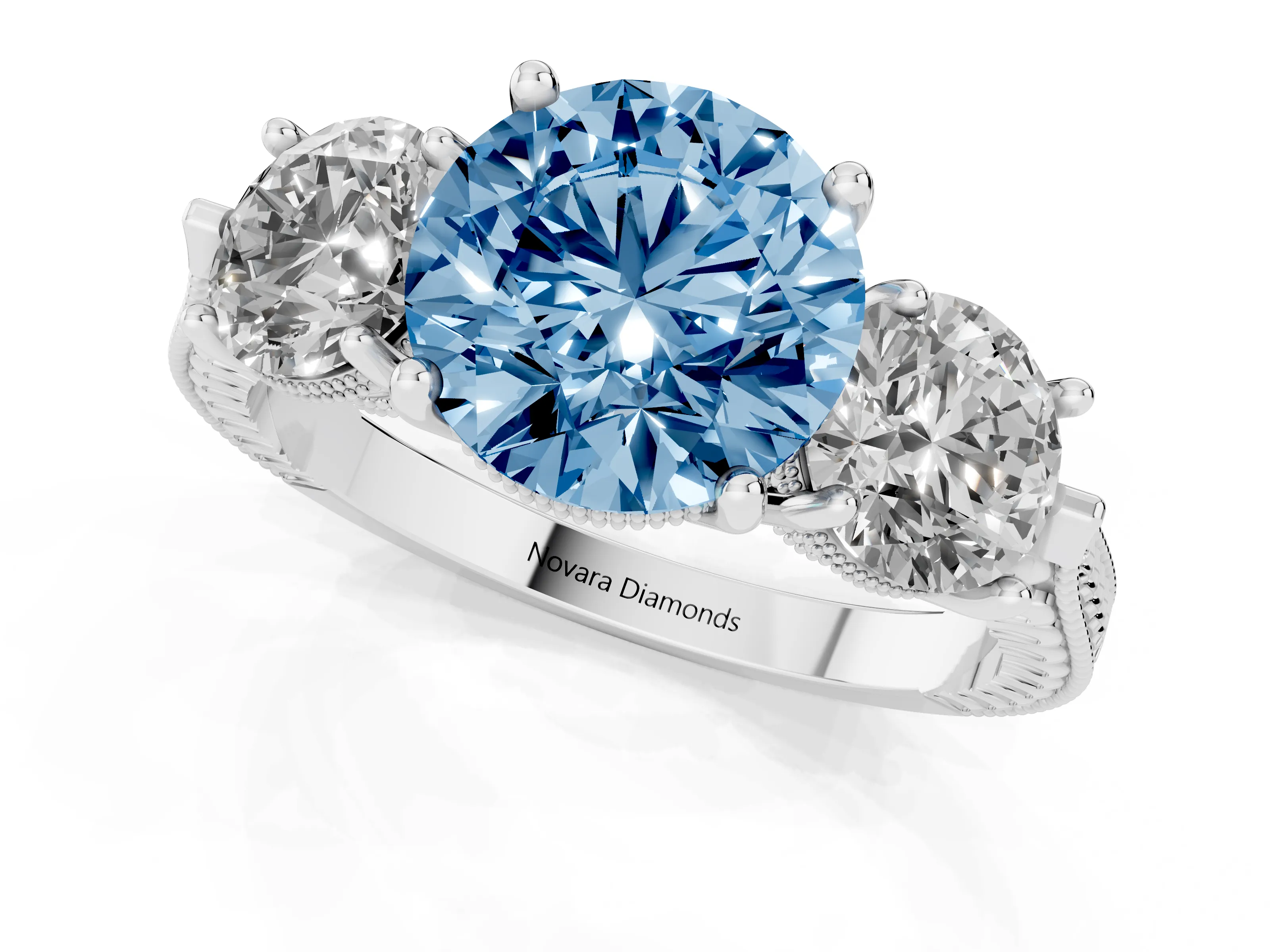 Fancy Blue Round Cut Diamond Three-Stone Ring Set in Silver with Milgrain Band