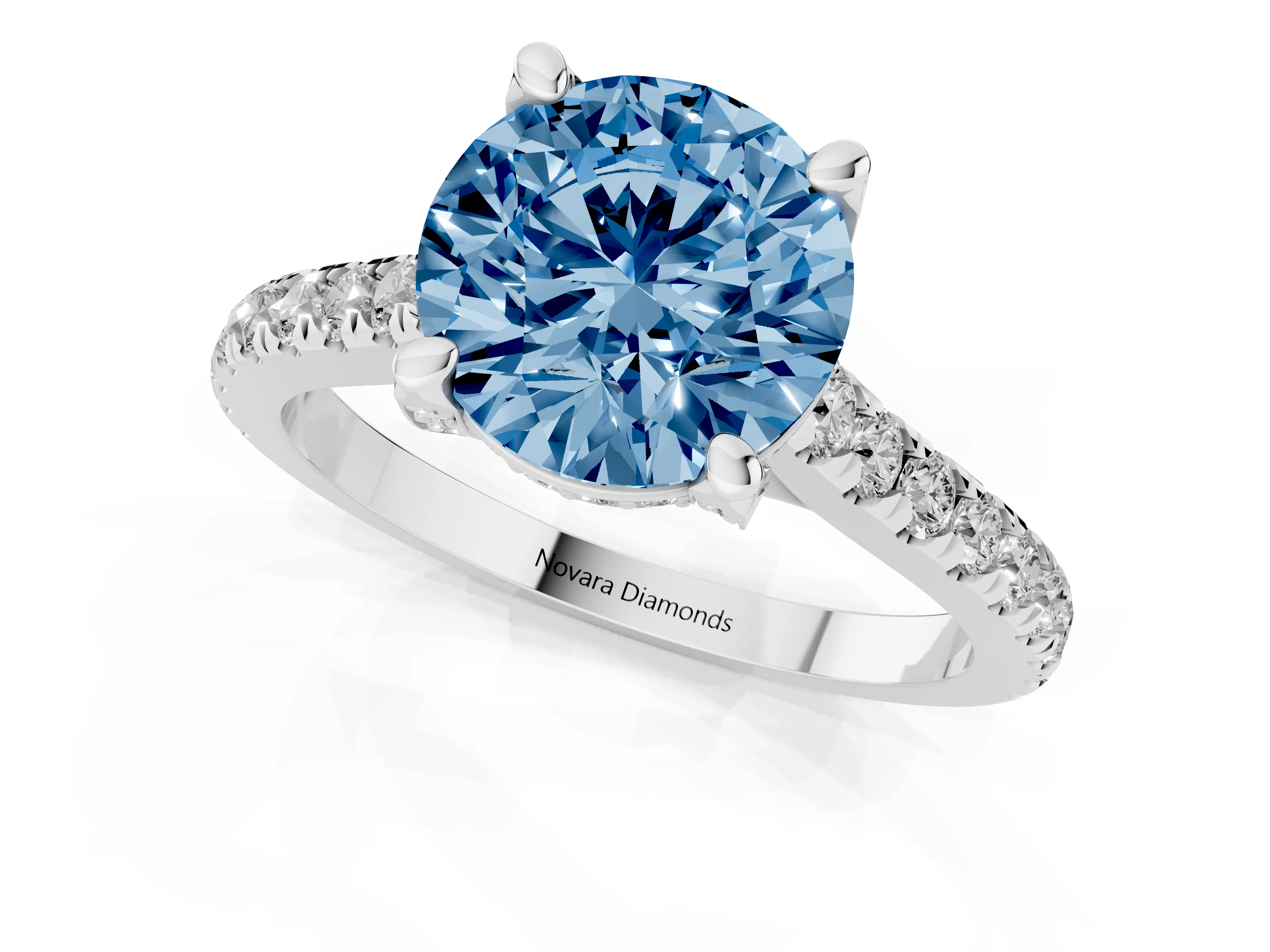 Fancy Blue Round Cut Diamond Solitaire Ring Set in Platinum with Brilliant Pavé Band and Prong Setting