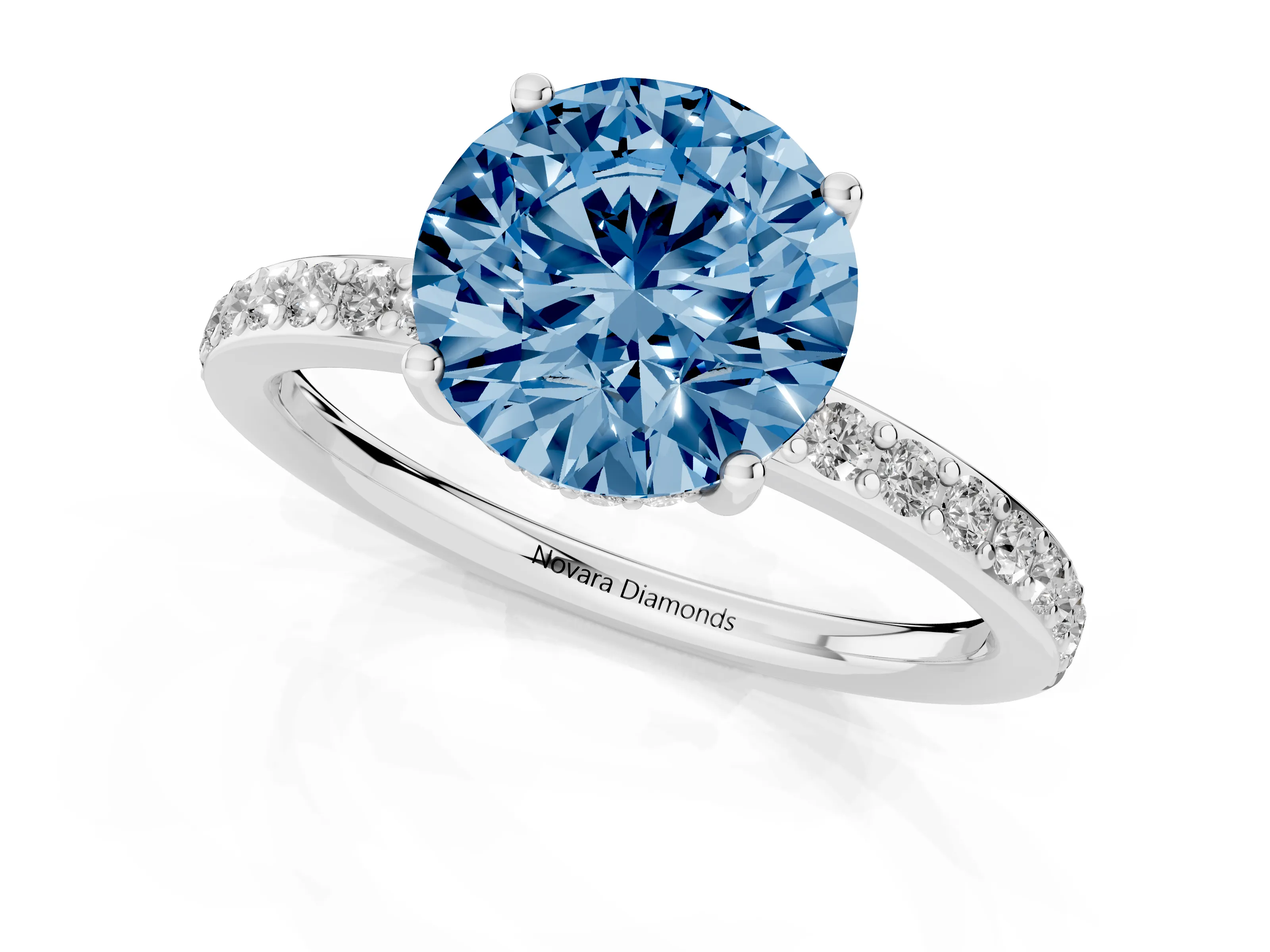 Fancy Blue Round Cut Diamond Pavé Band Ring Set in Silver with Prong-Set Center Stone
