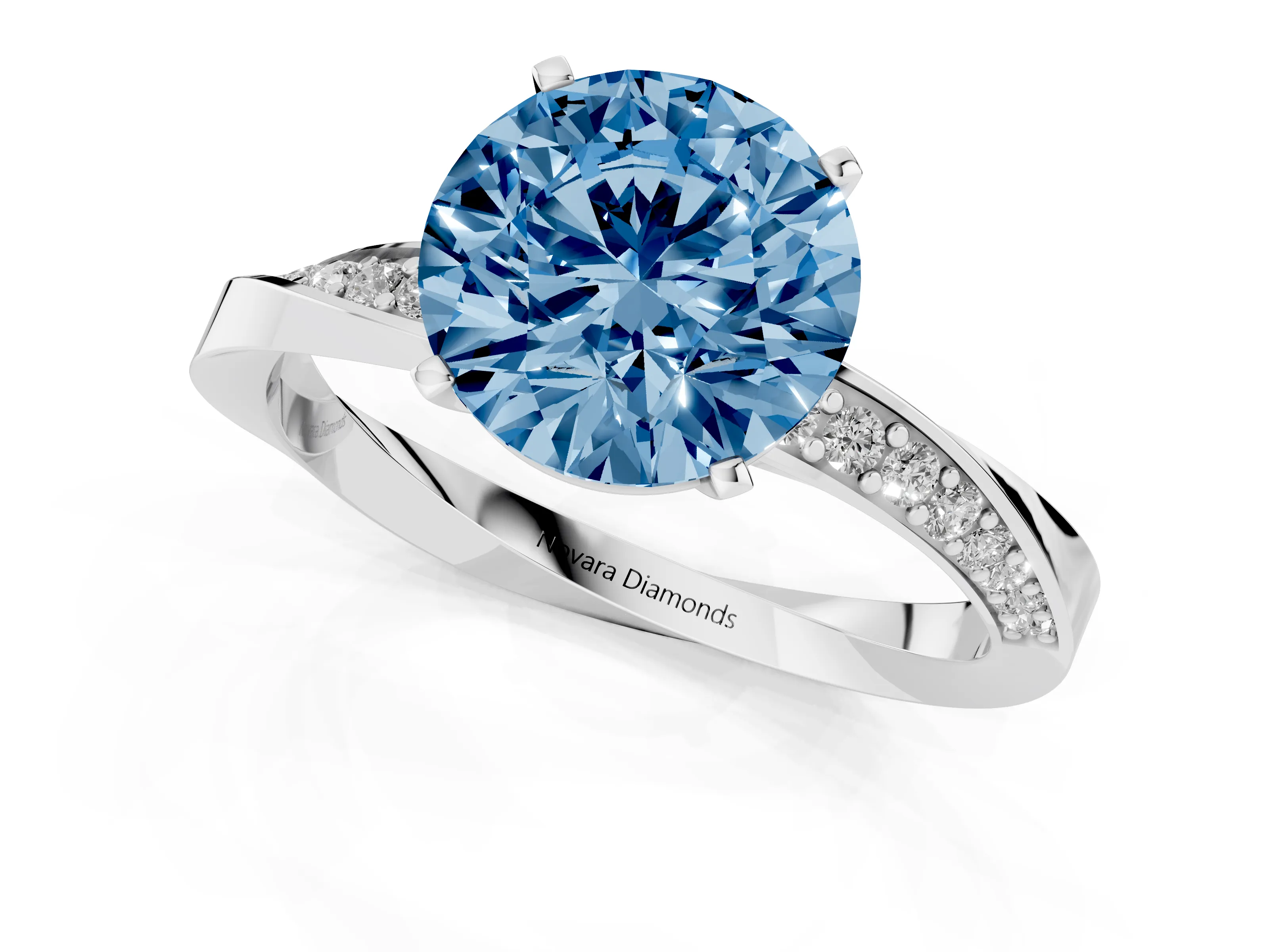 Fancy Blue Round Cut Diamond Engagement Ring Set in Platinum with Side Stone Accents and Prong Setting
