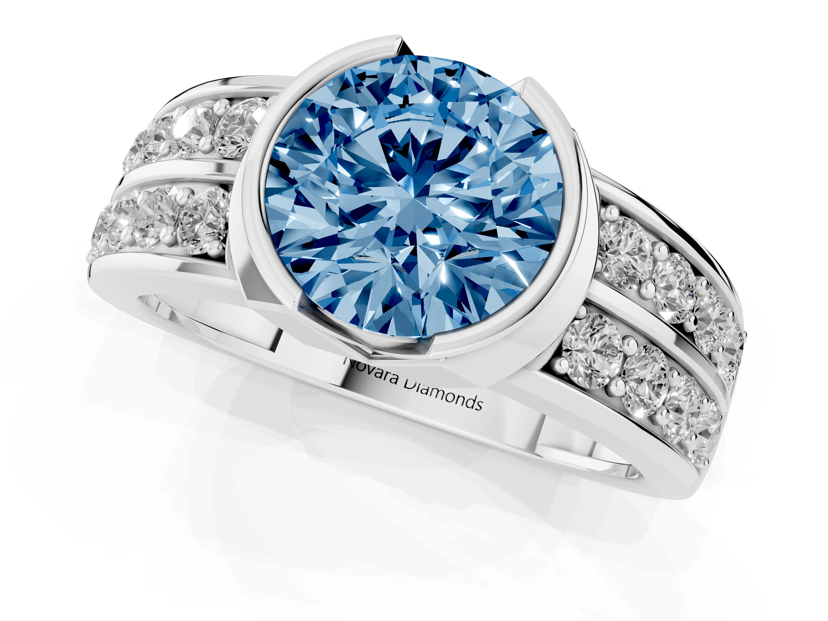 Fancy Blue Round Cut Diamond Wide Channel Set Band Ring Set in White gold with Bezel Setting