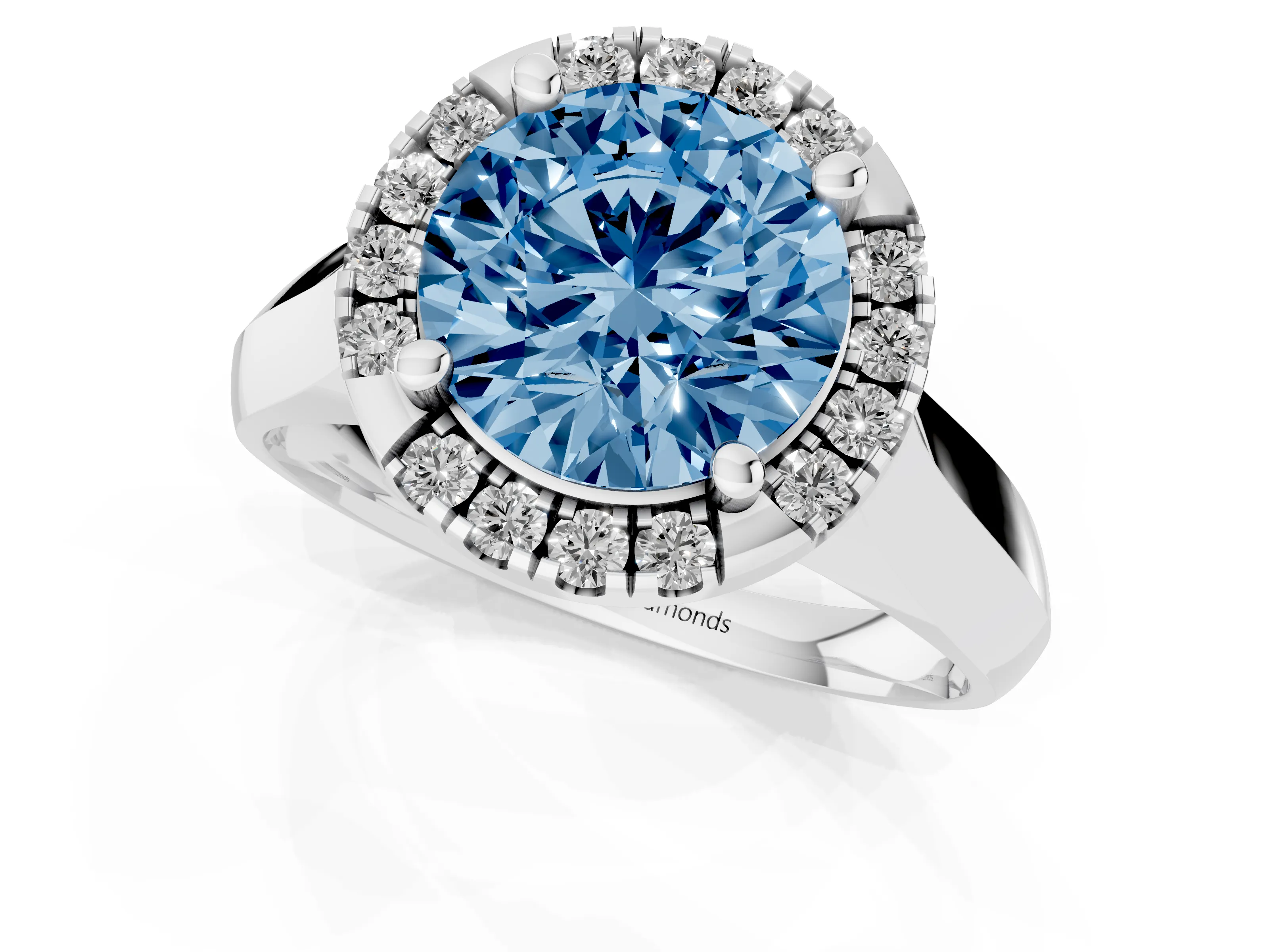 Fancy Blue Round Cut Diamond Halo Solitaire Engagement Ring Set in Platinum with Square Band and Prong Setting