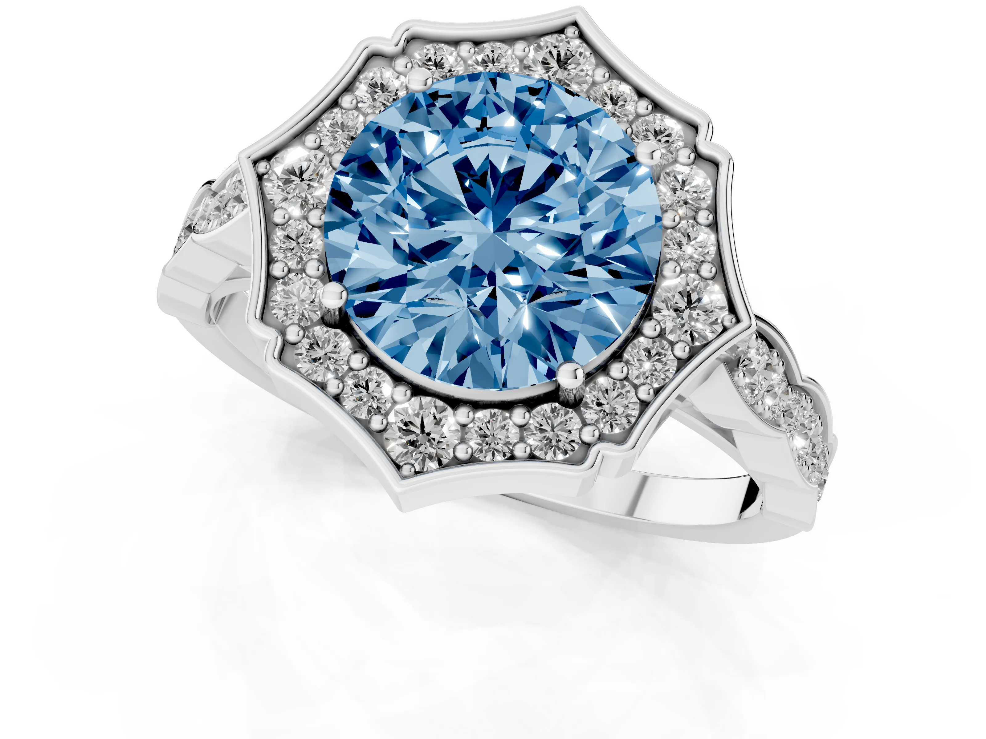 Fancy Blue Round Cut Diamond Halo Engagement Ring Set in White gold with Milgrain Band and Prong Setting