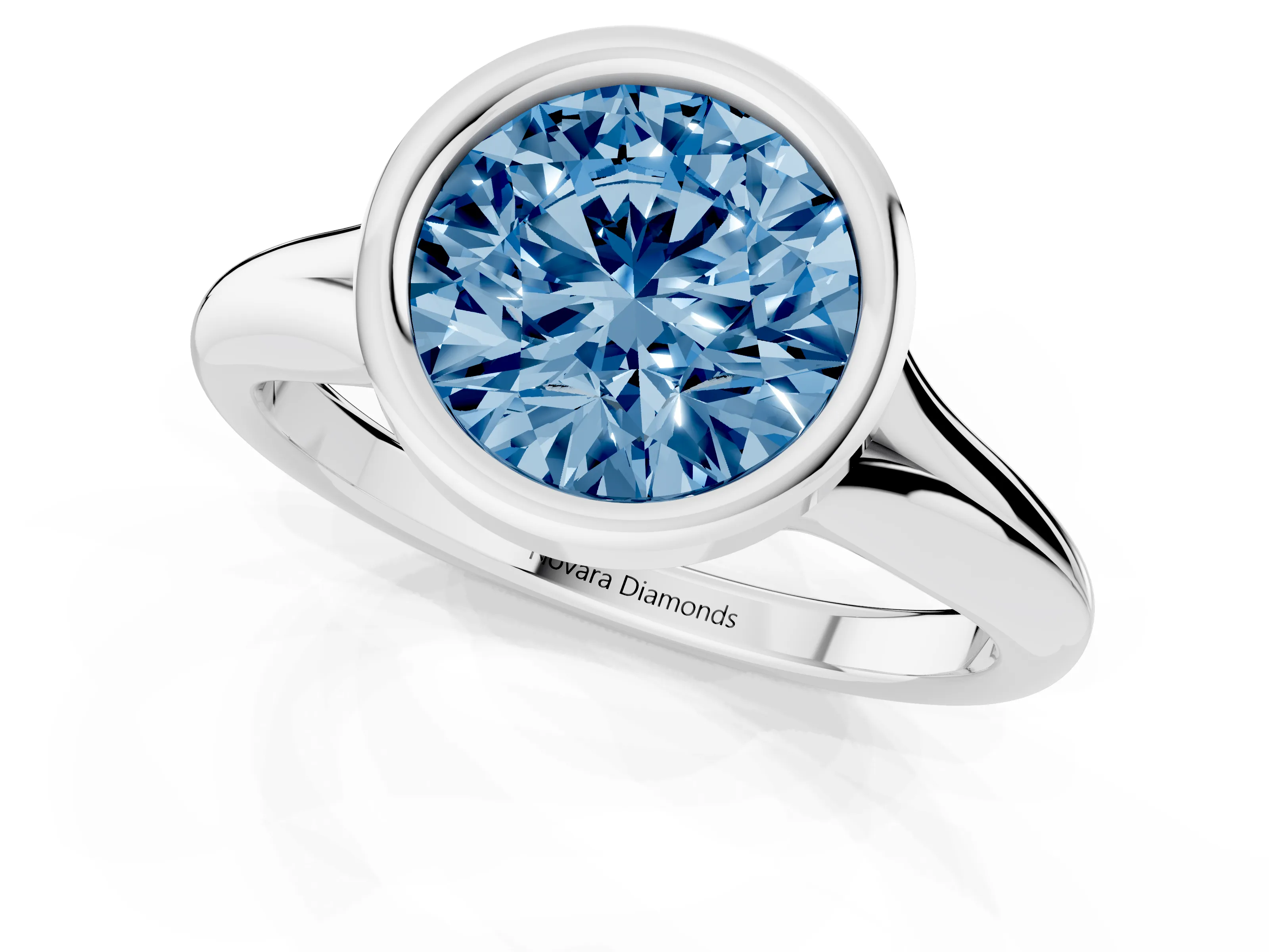 Fancy Blue Bezel Set Round Cut Diamond Solitaire Ring Set in Platinum with Smooth Band