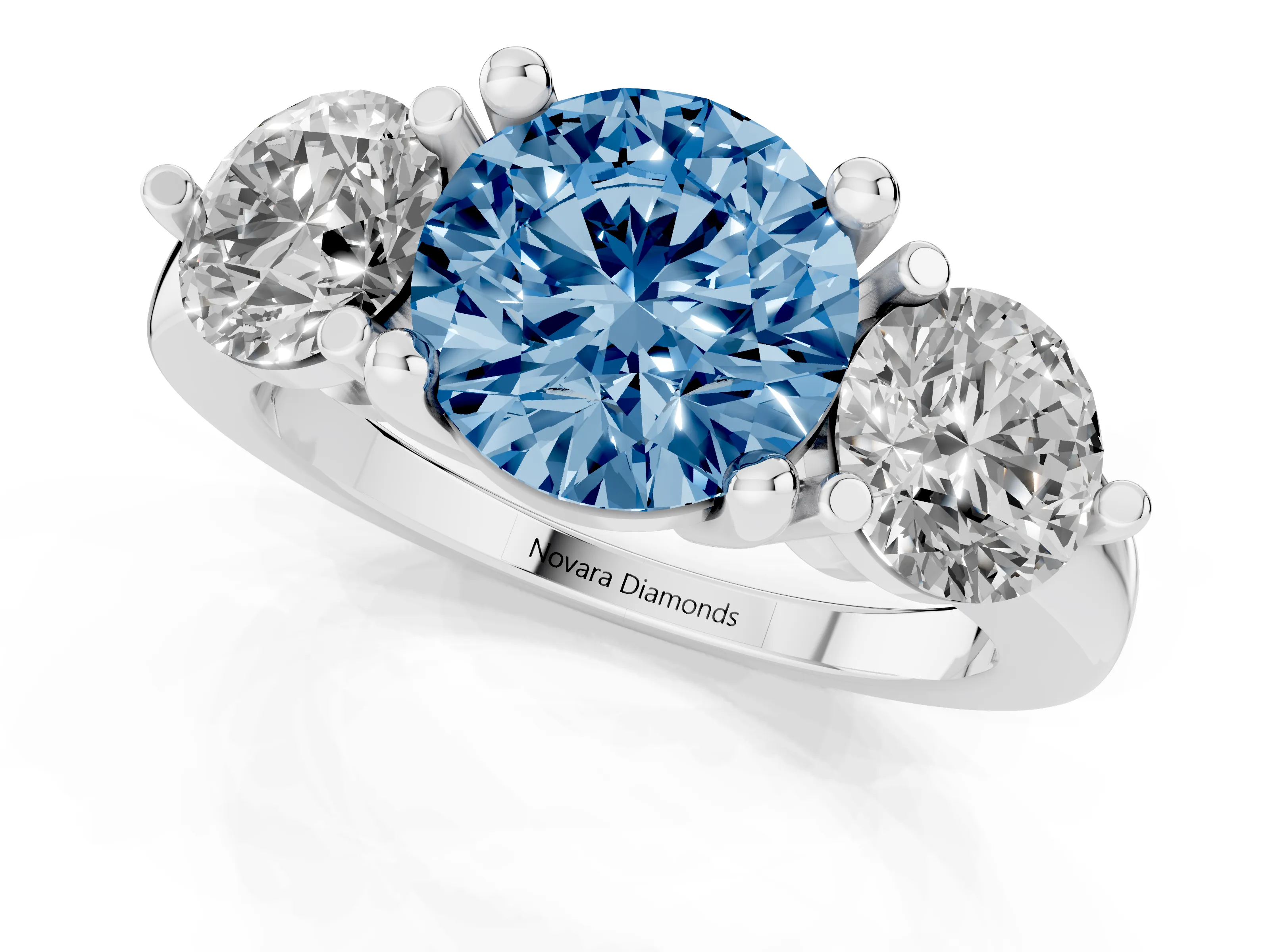 Fancy Blue Round Cut Diamond Three-Stone Ring Set in Platinum with Prong Setting and Classic Band