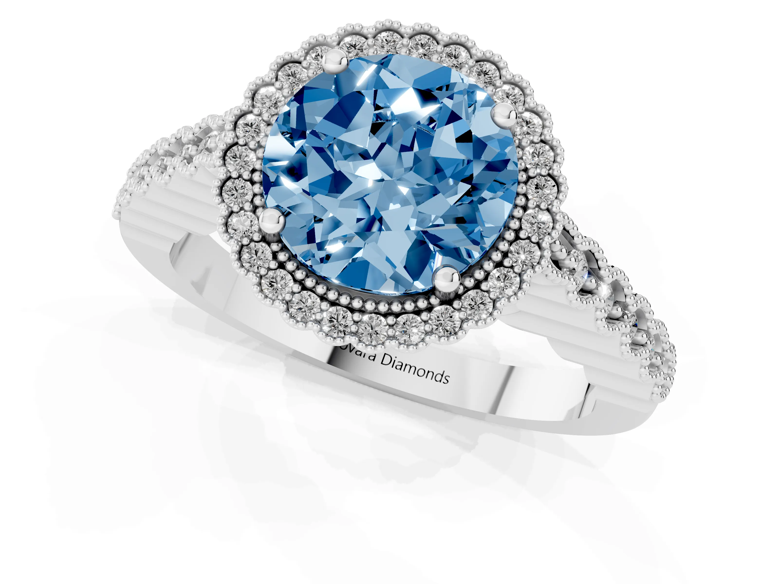 Fancy Blue Round Cut Diamond Halo Ring Set in Platinum with Pavé Milgrain Band