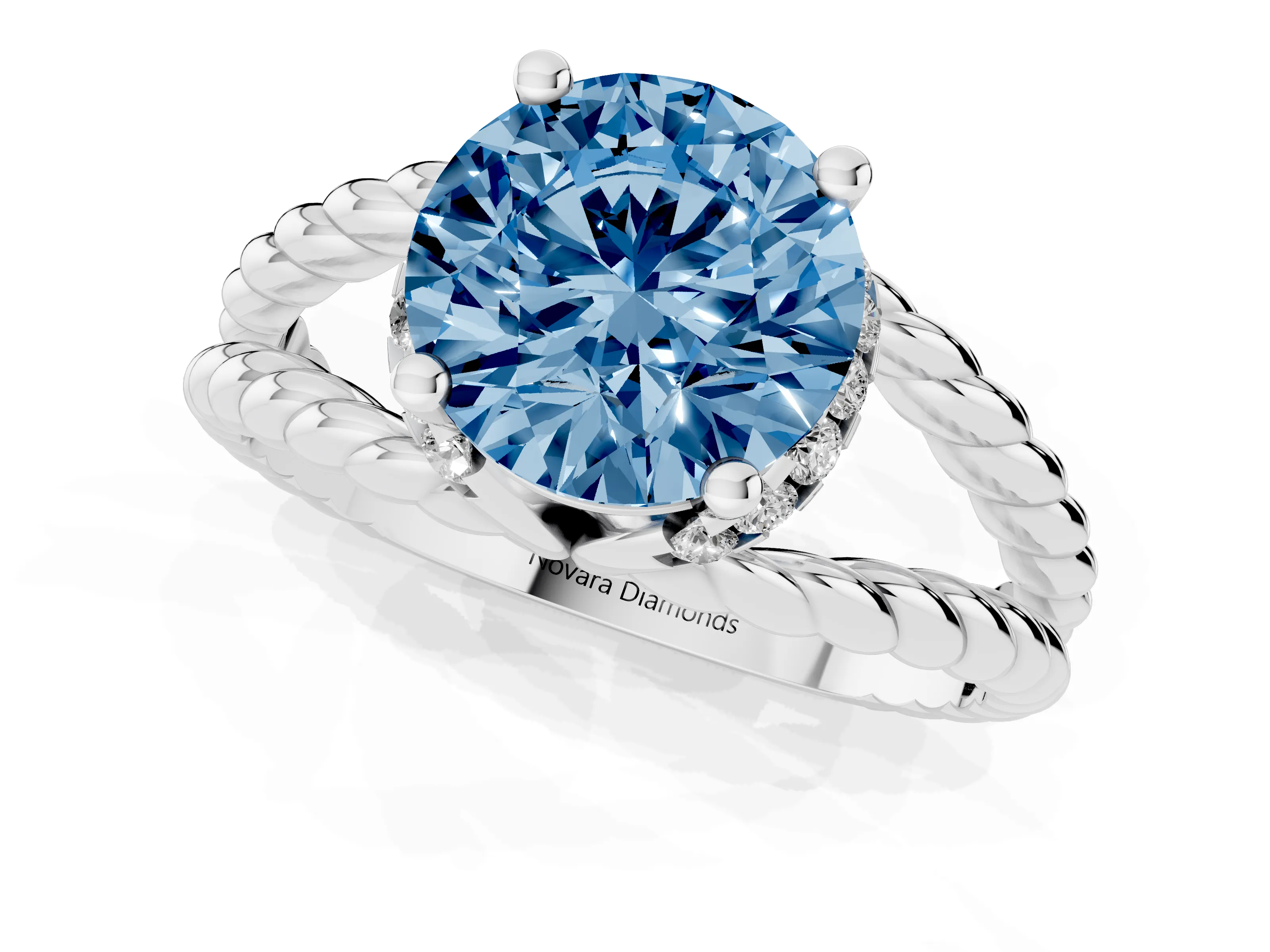 Fancy Blue Round Cut Diamond Halo Ring Set in Platinum with Twisted Band and Prong Setting
