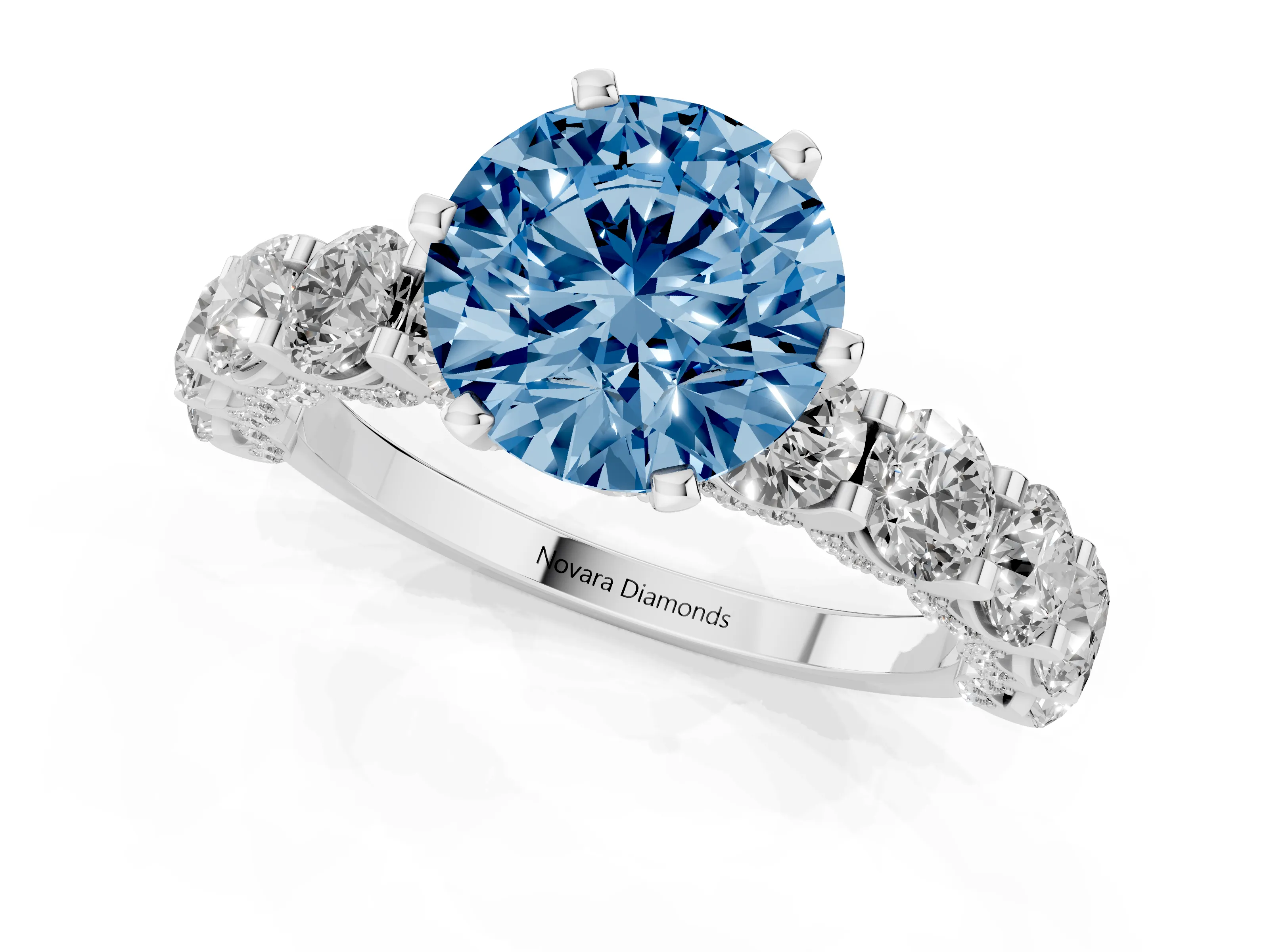 Fancy Blue Round Cut Diamond Side Stone Ring Set in White gold with Alternating Round and Oval Side Stones