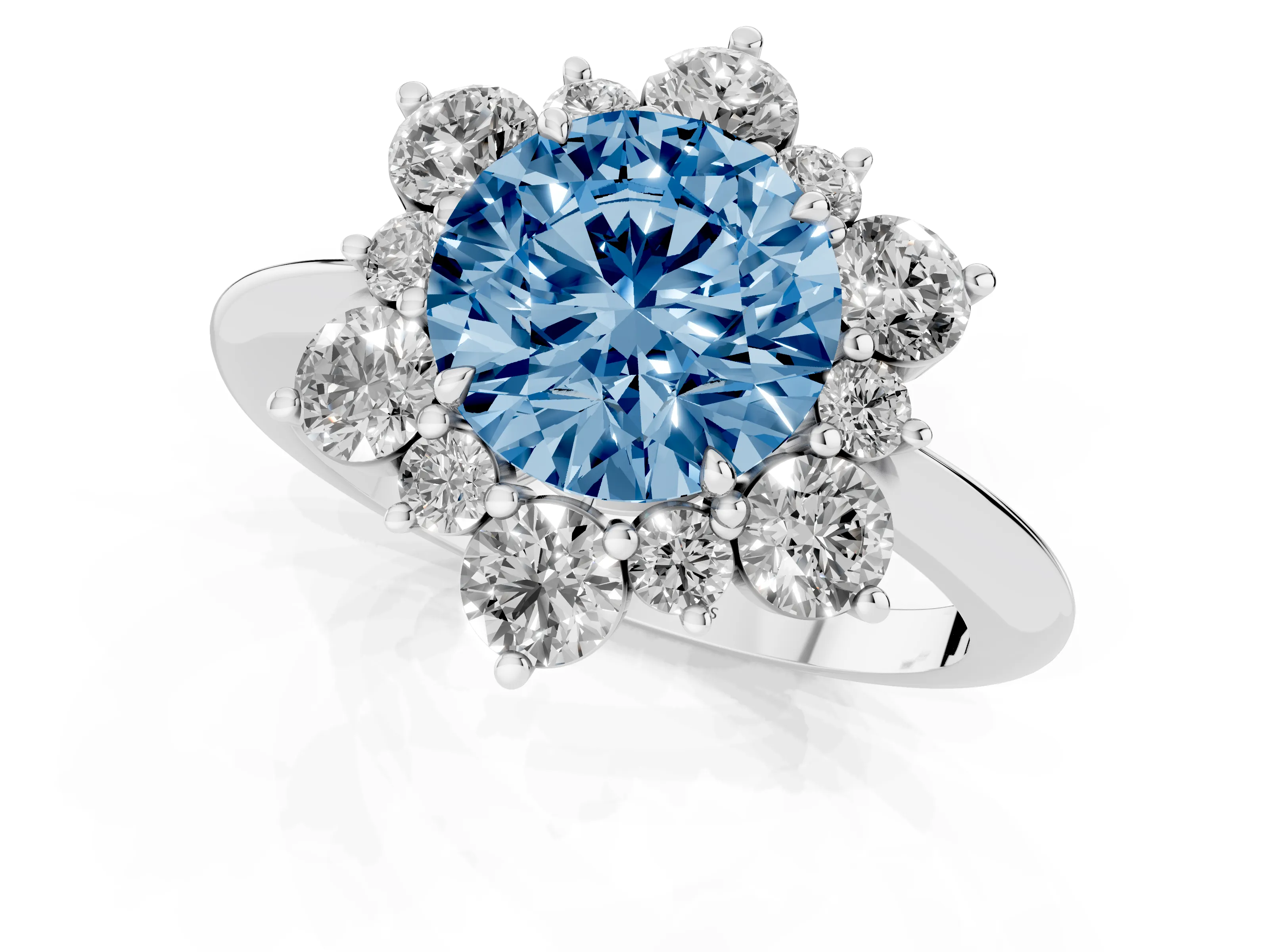 Fancy Blue Round Cut Diamond Cluster Halo Ring Set in Platinum with Solitaire Band and Prong Setting – second view