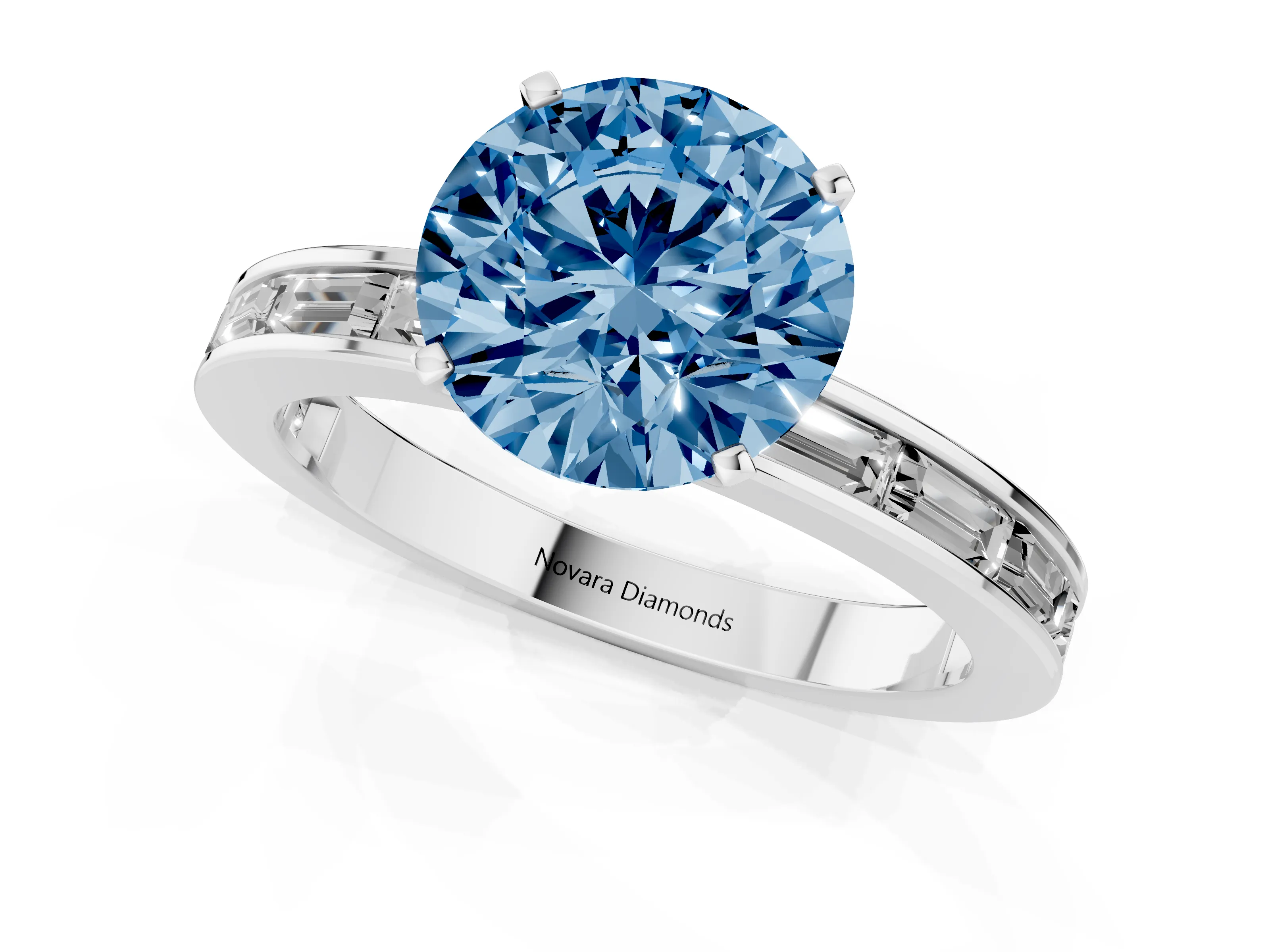Fancy Blue Round Cut Diamond Solitaire Ring Set in Platinum with Channel-Set Baguette Band and Prong Setting