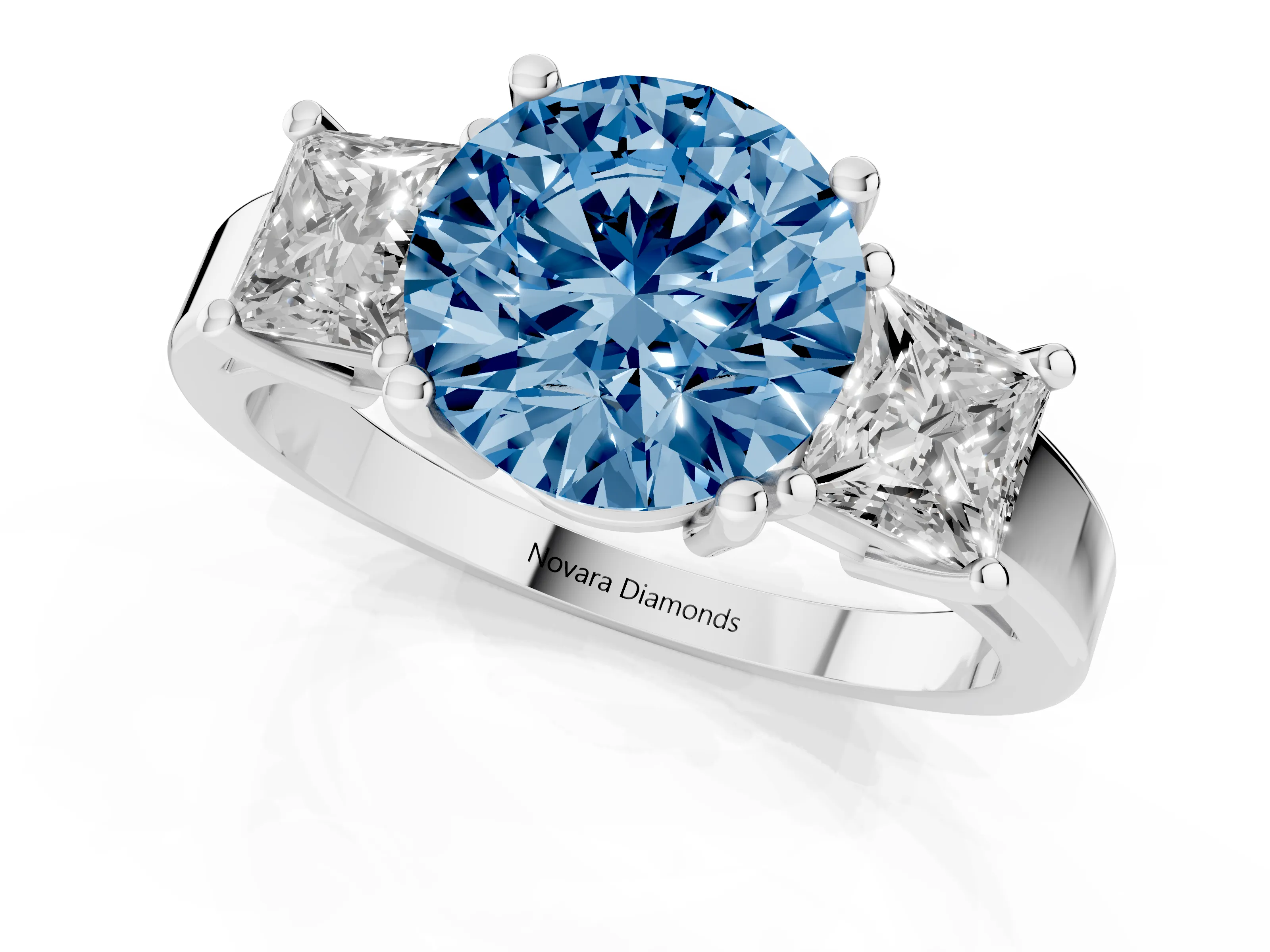 Fancy Blue Three-Stone Round Cut Diamond Solitaire Ring Set in Silver with Prong Setting