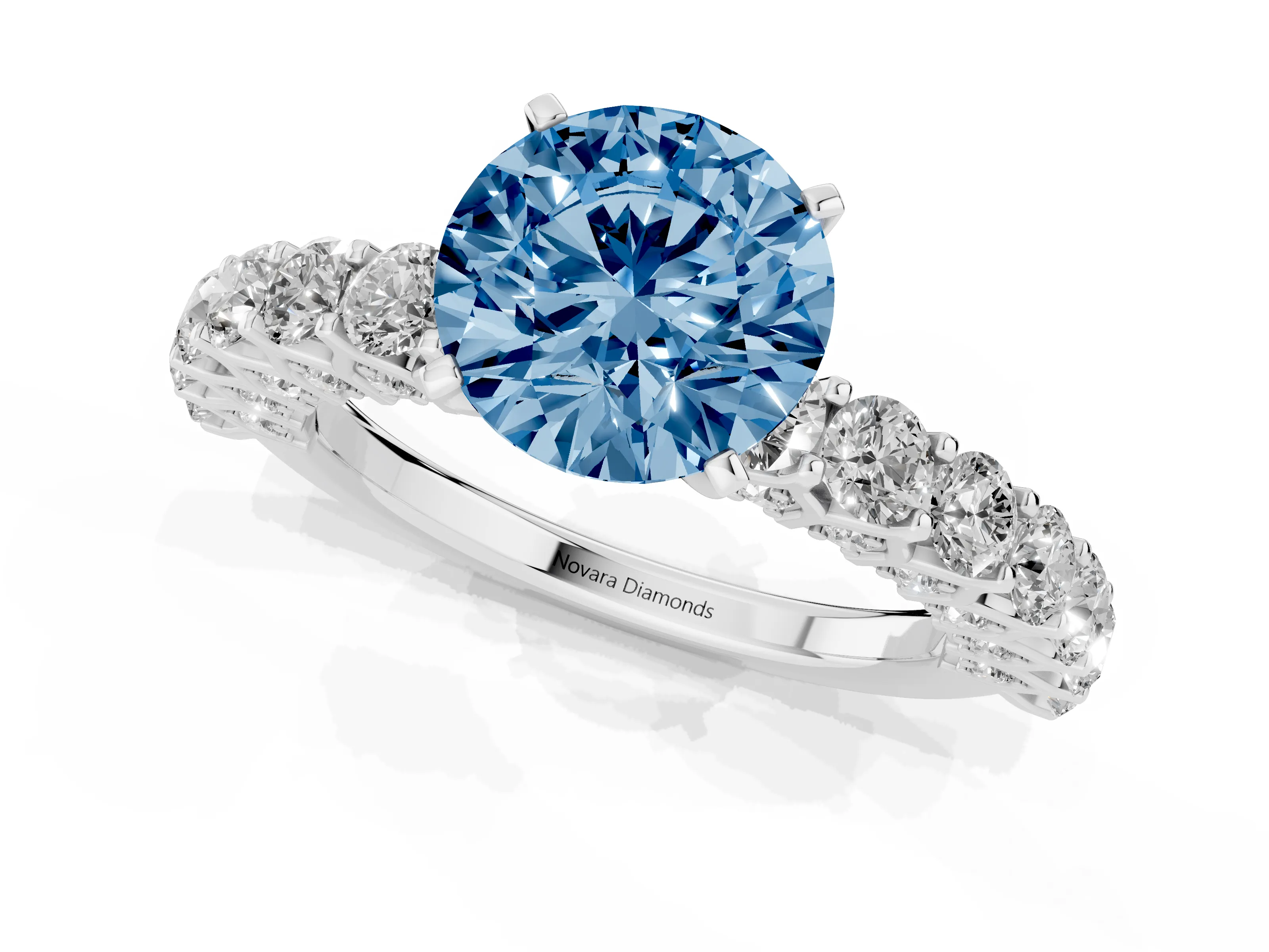 Fancy Blue Round Cut Diamond Solitaire Ring Set in Platinum with Shared Prong Pavé Band