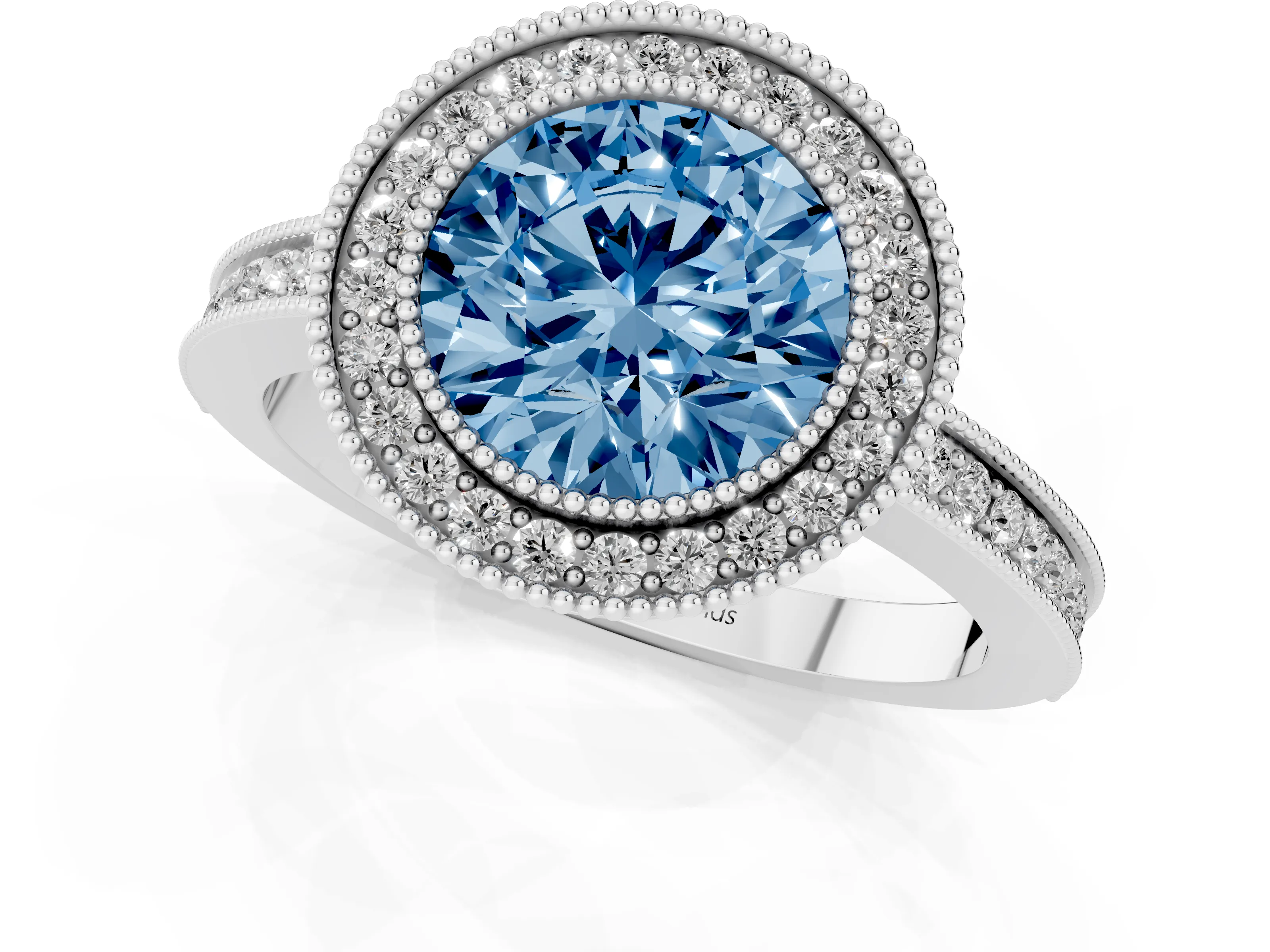 Fancy Blue Round Cut Diamond Halo Ring Set in White gold with Pavé Band and Milgrain-Edged Prongs