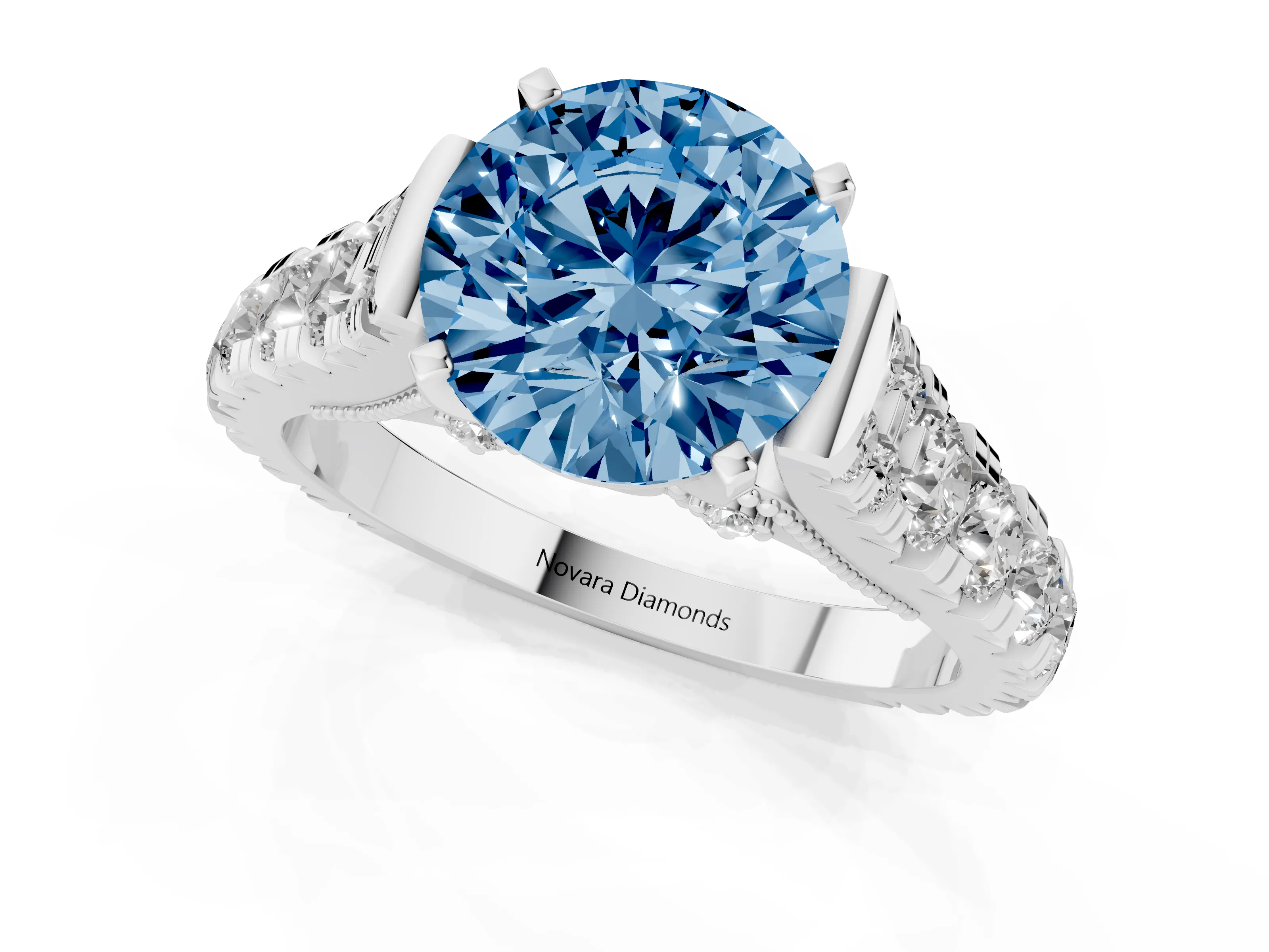 Fancy Blue Round Cut Diamond Classic Solitaire Ring Set in Platinum with Pavé Band and Prong Setting
