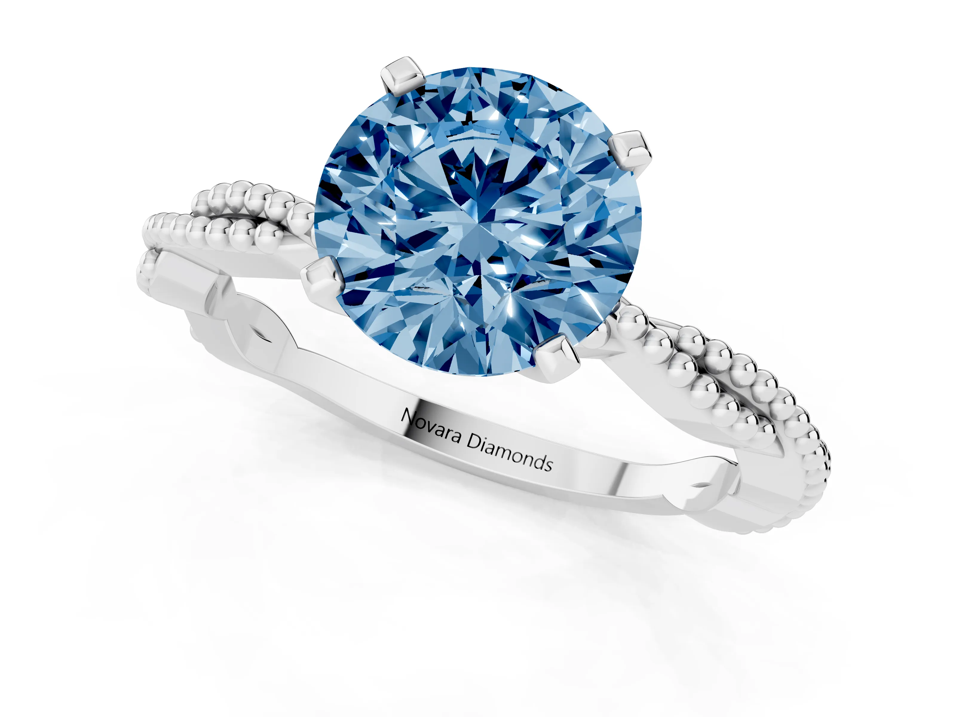 Fancy Blue Round Cut Diamond Solitaire Ring Set in Platinum with Twisted Band and Bead Prong Setting