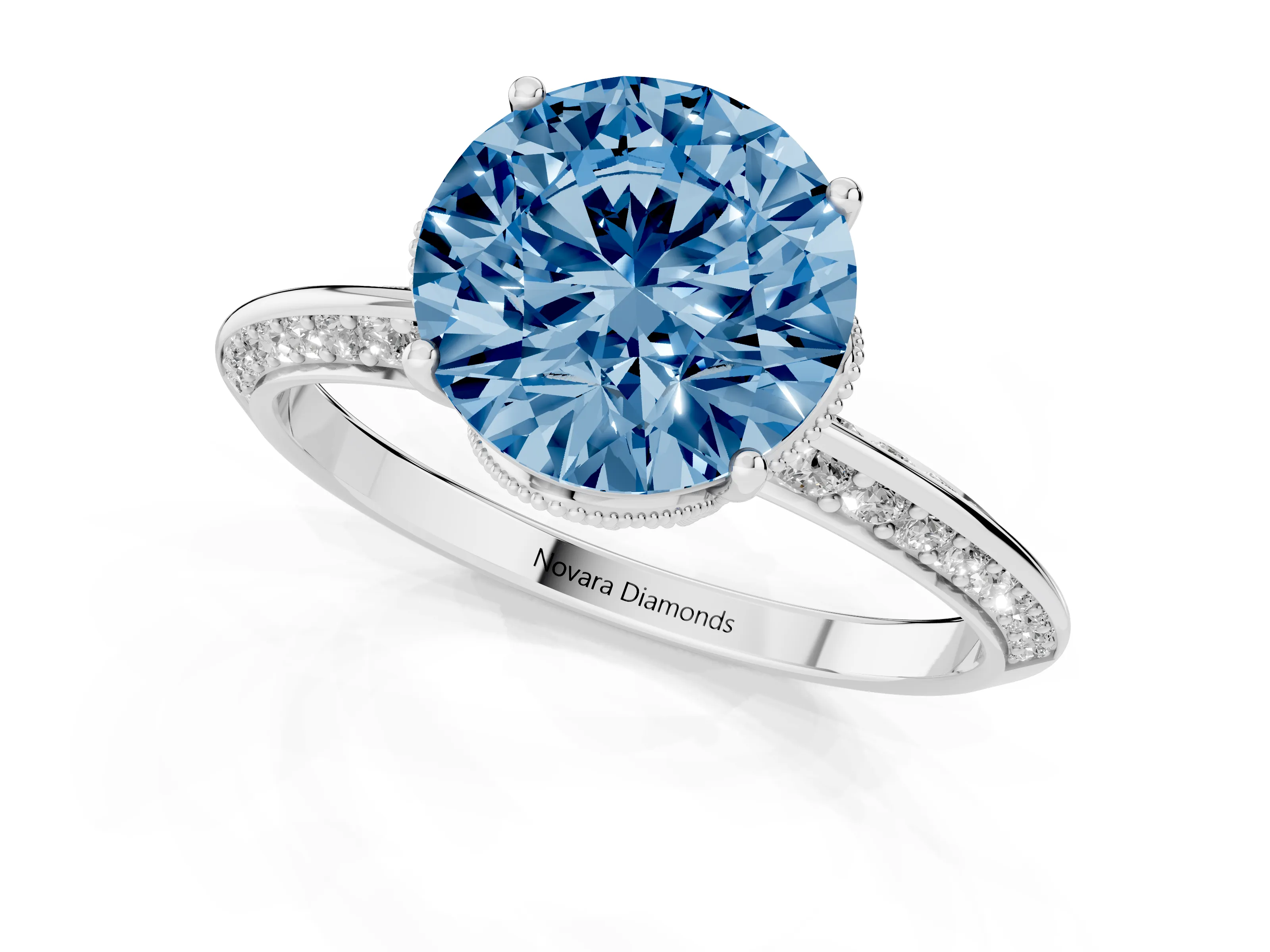 Fancy Blue Round Cut Diamond Solitaire Engagement Ring Set in Silver with Pavé Split Shank and Prong Setting
