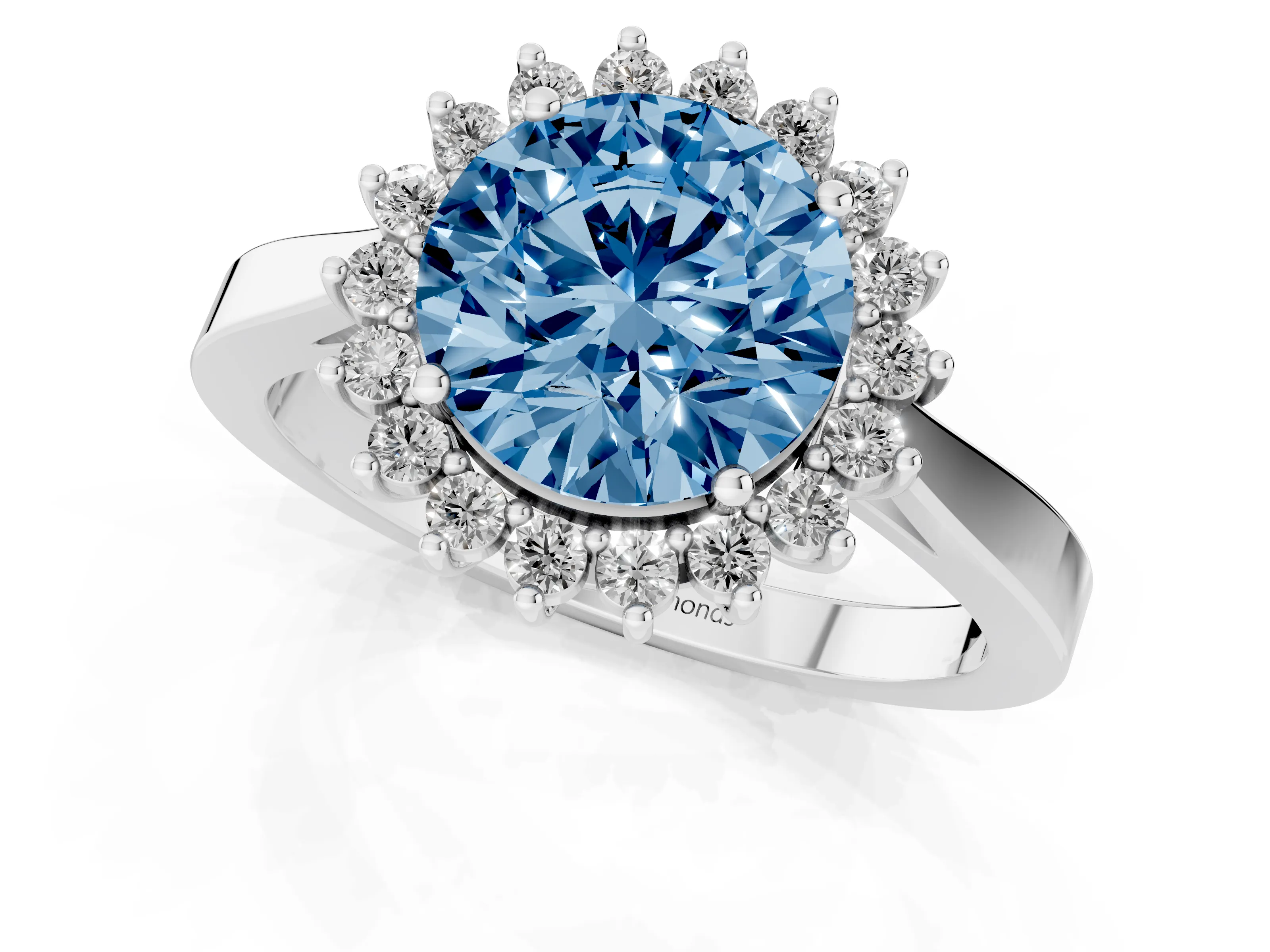 Fancy Blue Round Cut Diamond Halo Ring Set in Platinum with Round Halo and Smooth Solitaire Band