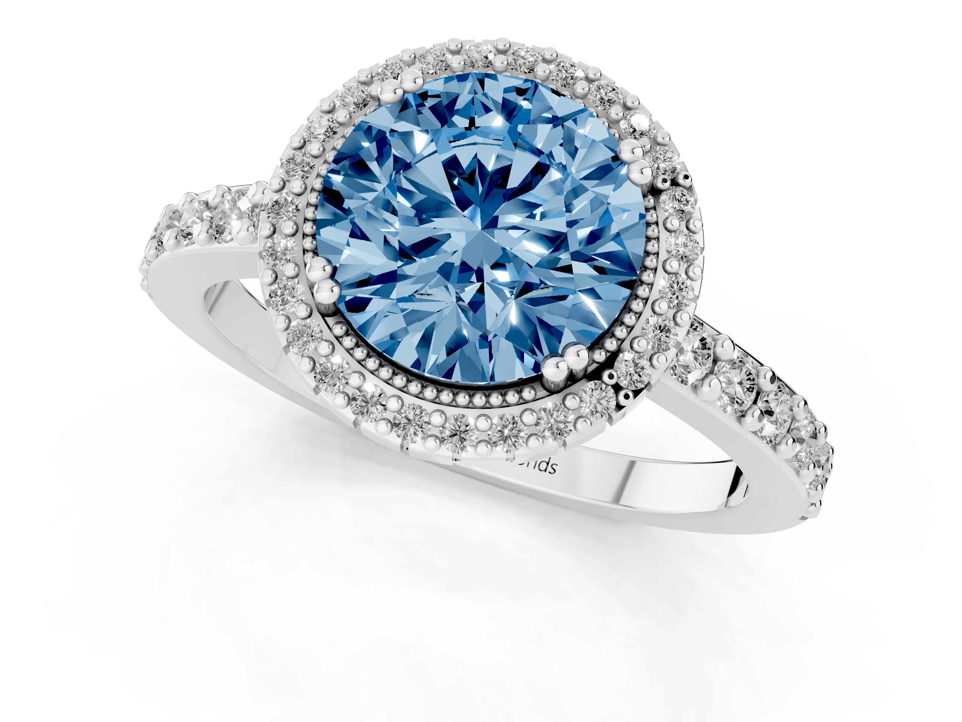 Fancy Blue Round Cut Diamond Halo Engagement Ring Set in Silver with Milgrain Detail and Pavé Band