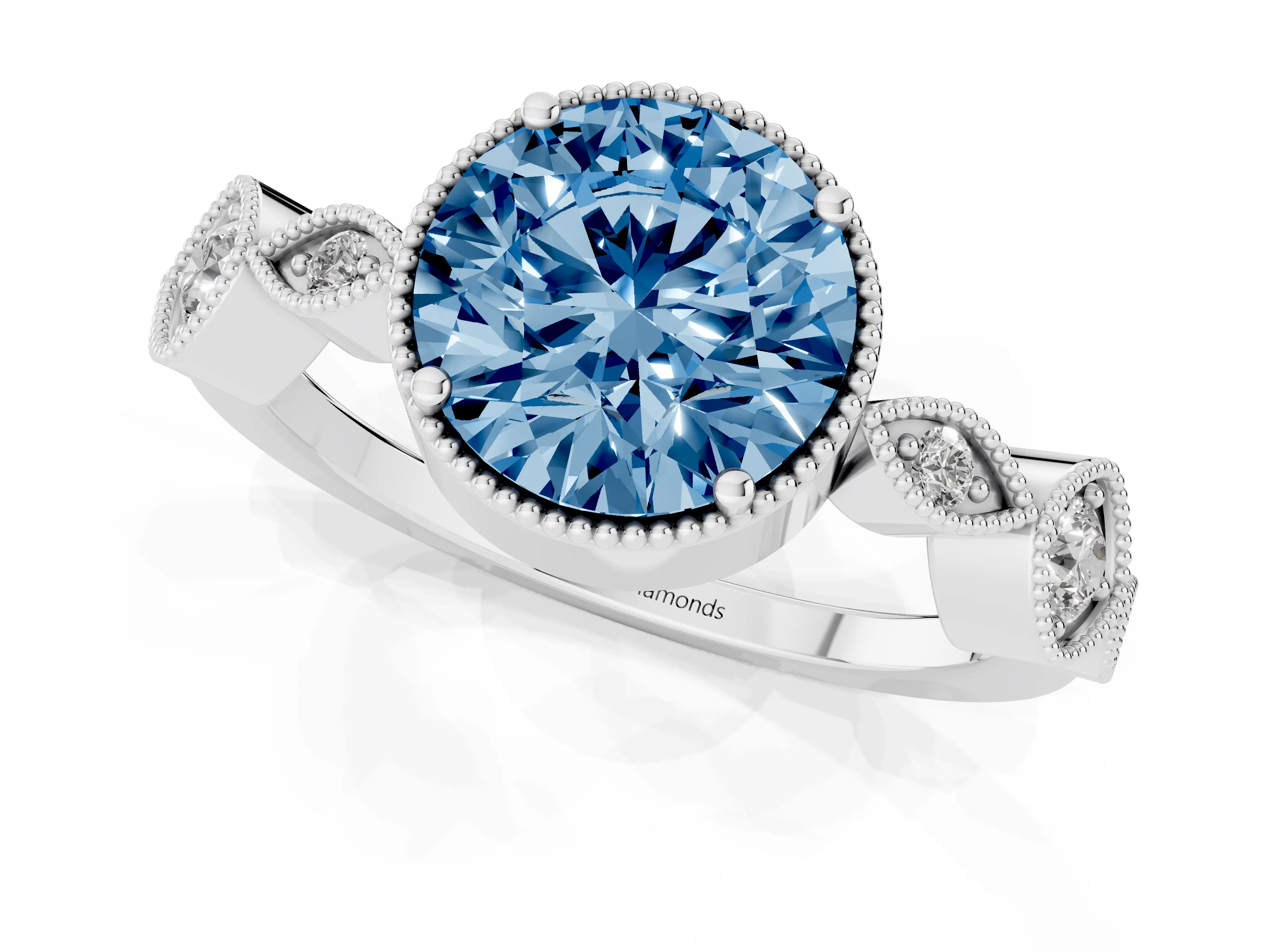 Fancy Blue Round Cut Diamond Vintage-Inspired Milgrain Ring Set in Platinum with Marquise Stations of Round Accents