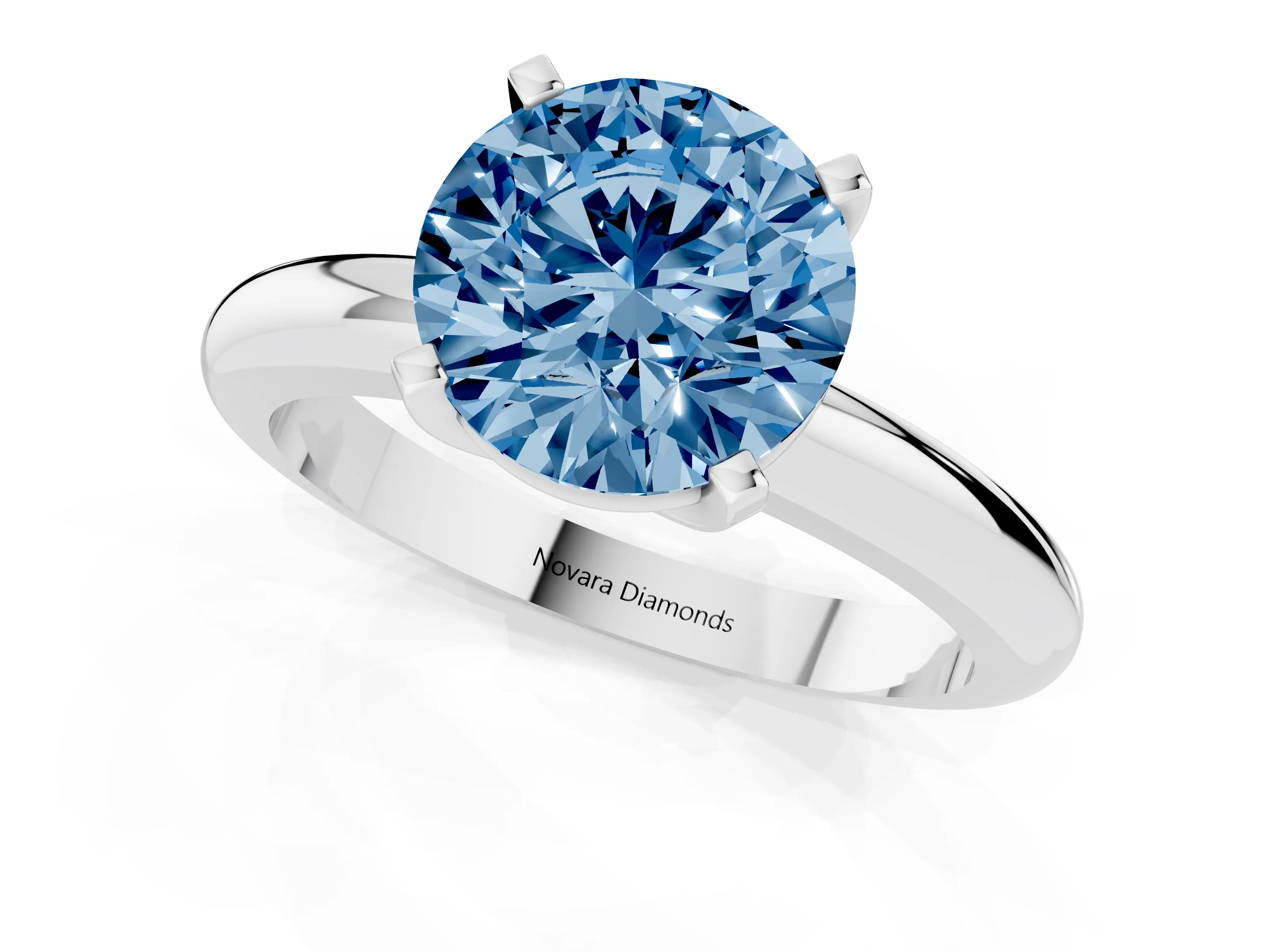 Fancy Blue Round Cut Diamond Solitaire Engagement Ring Set in Platinum with Round Band and Prong Setting