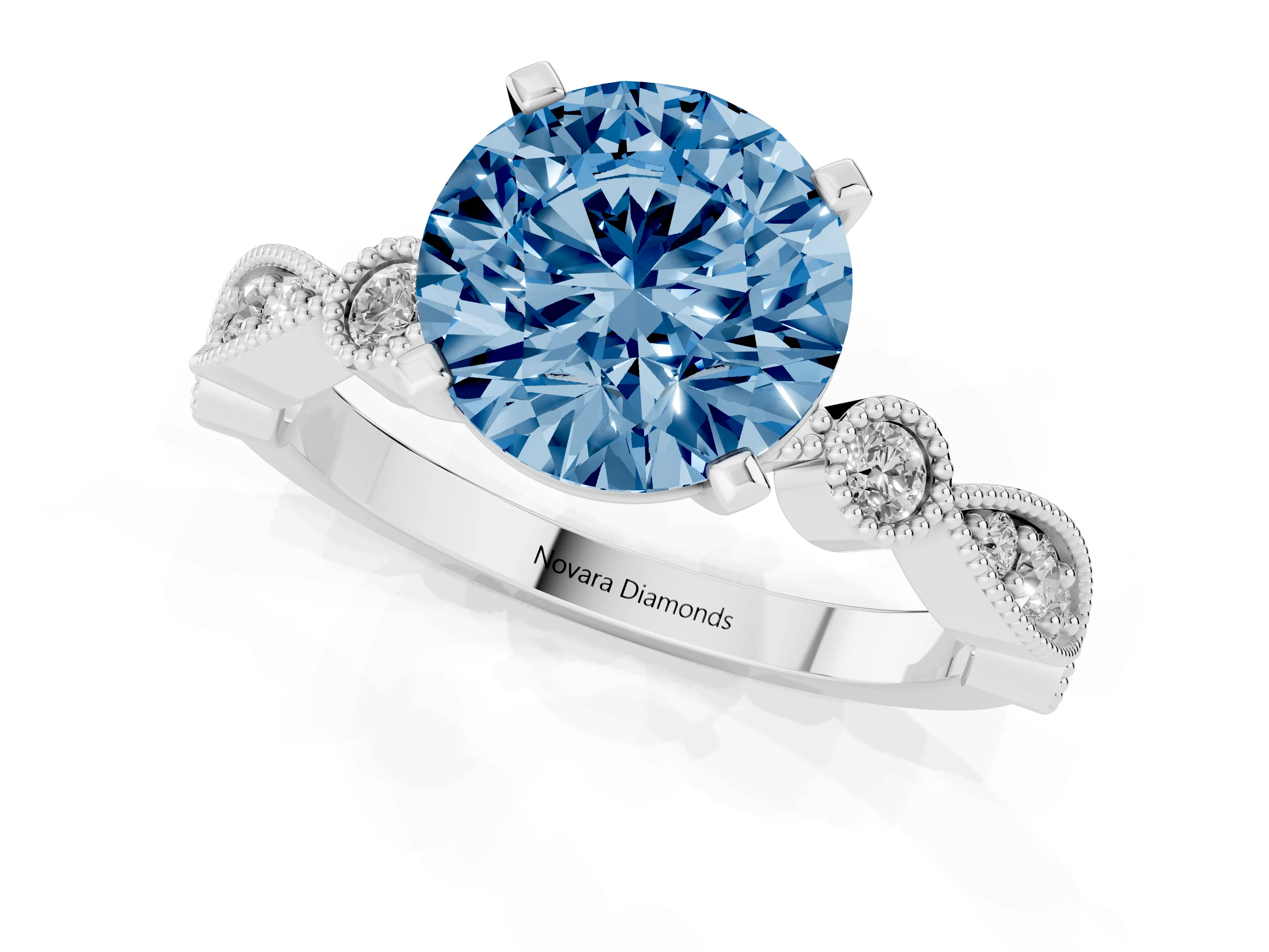Fancy Blue Round Cut Diamond Solitaire Engagement Ring Set in Silver with Milgrain Bezel Accent Band