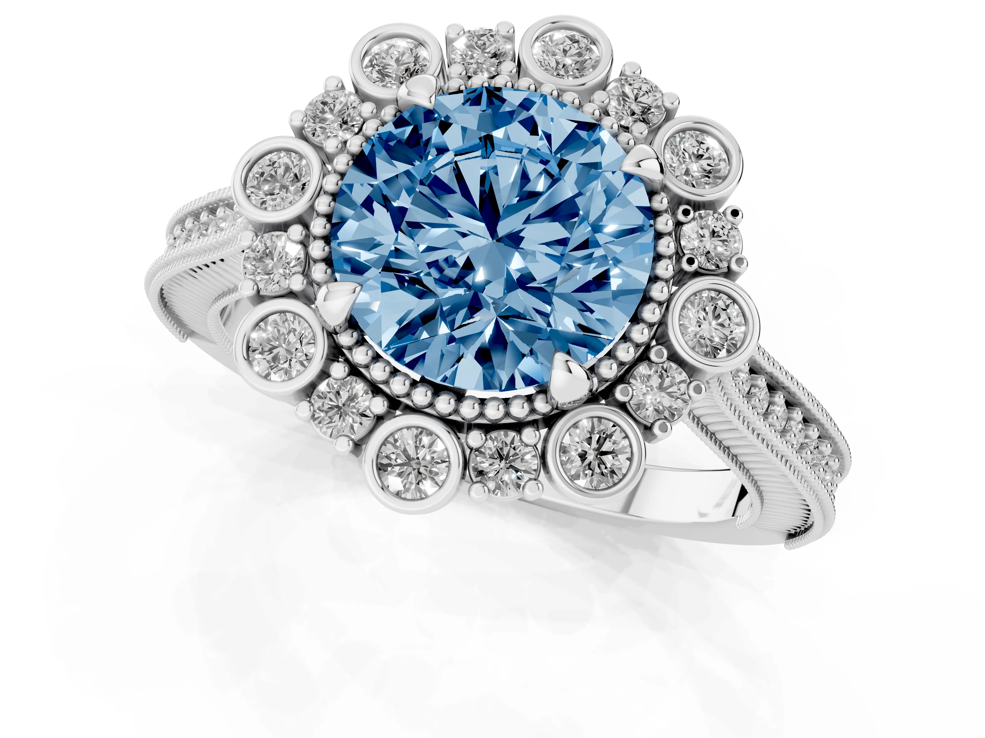 Fancy Blue Round Cut Diamond Halo Milgrain Pavé Ring Set in White gold with Prong Setting