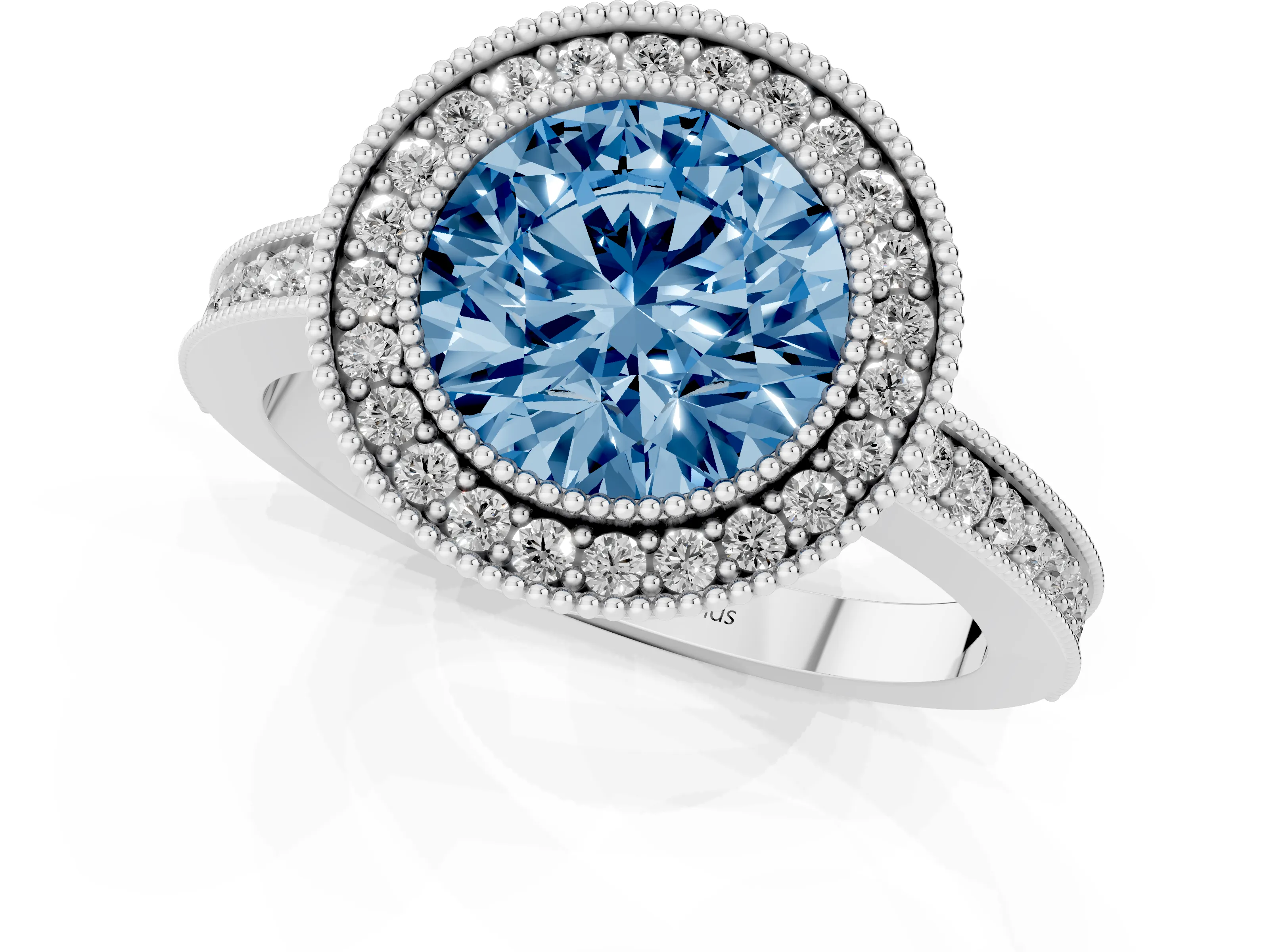 Fancy Blue Round Cut Diamond Round Halo Ring Set in White gold with Pavé Band