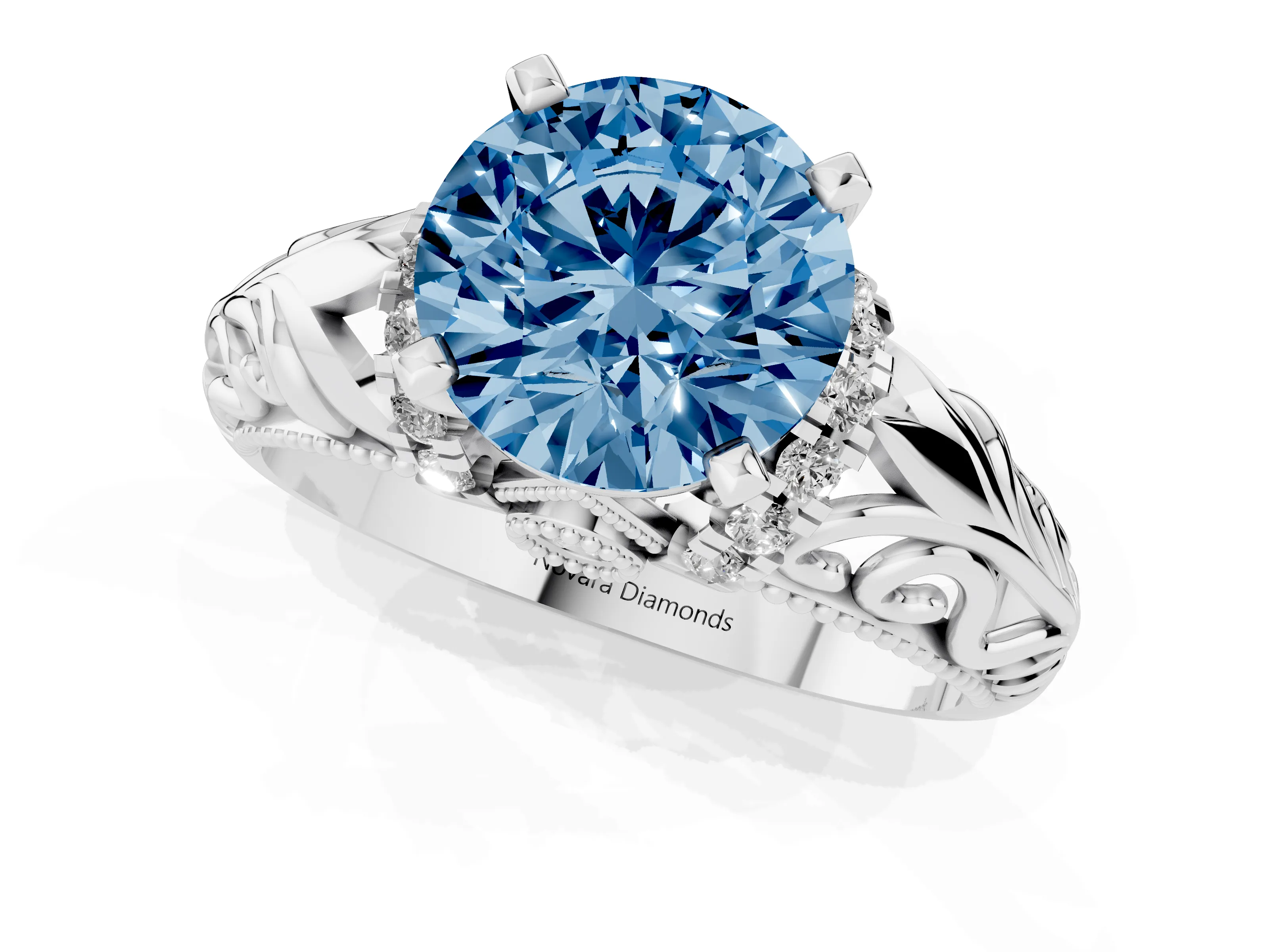 Fancy Blue Round Cut Diamond Filigree Halo Engagement Ring Set in Silver with Prong Setting