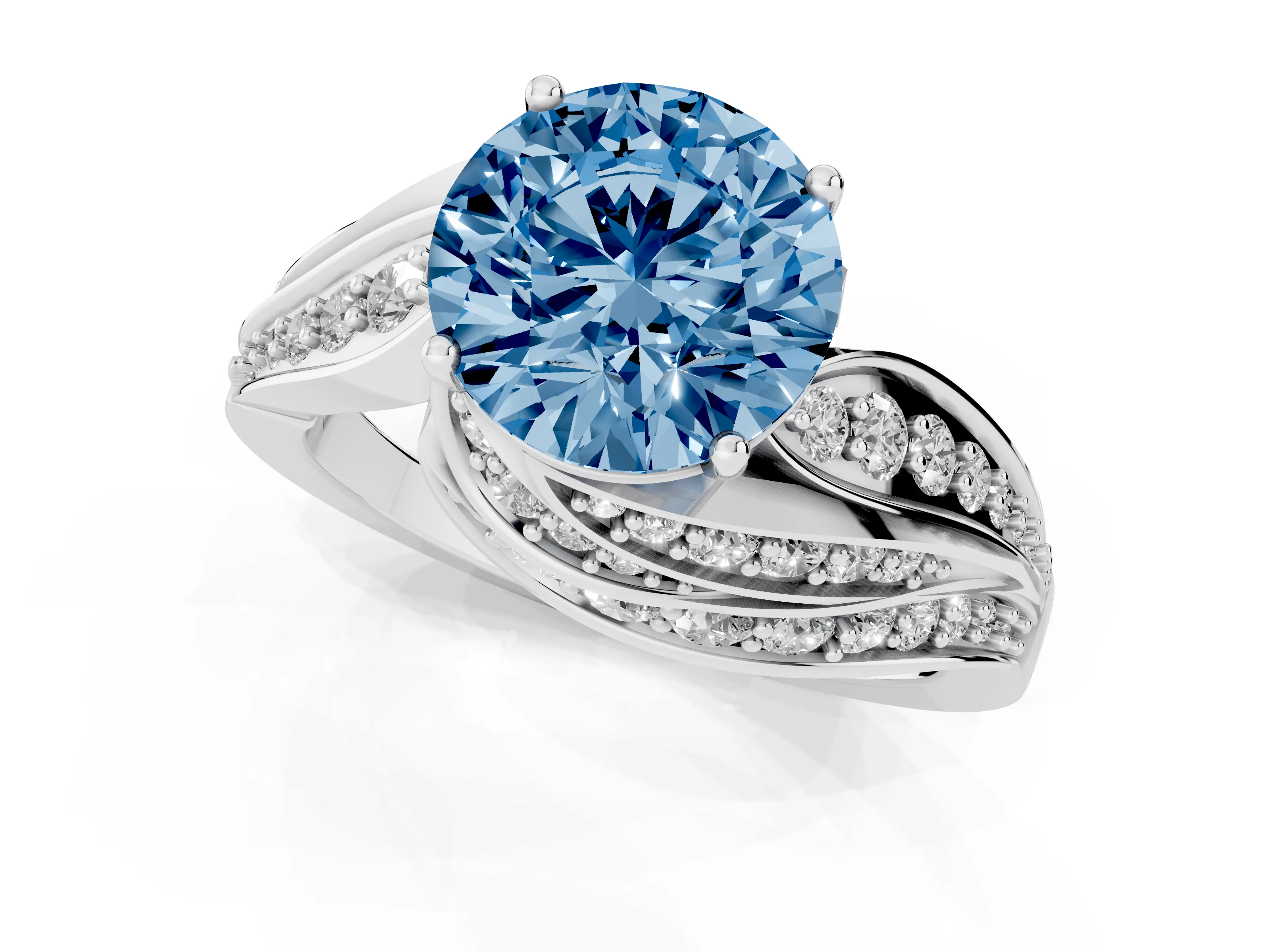 Fancy Blue Round Cut Diamond Solitaire Ring Set in Silver with Layered Twist Pavé Band