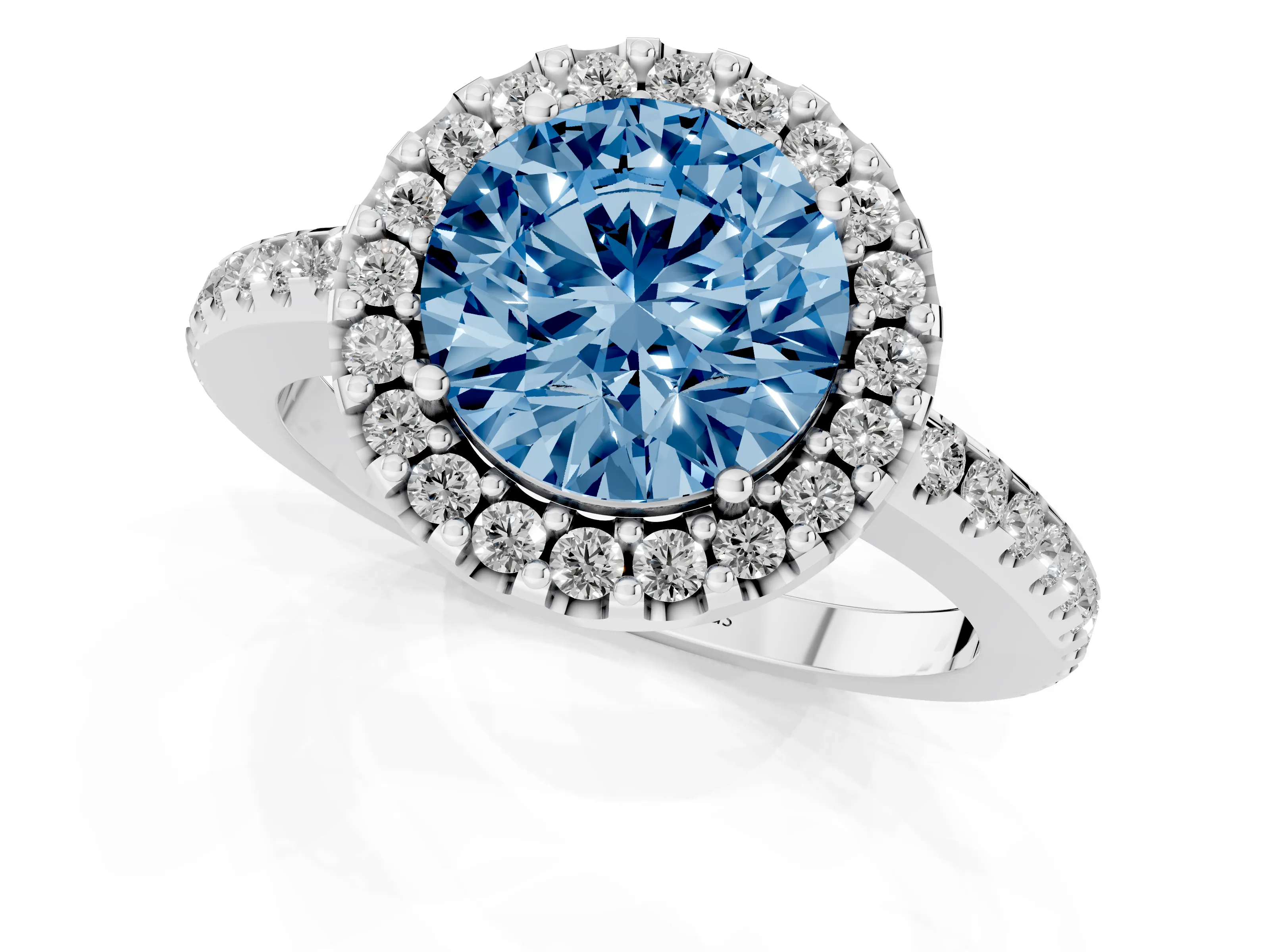 Fancy Blue Round Cut Diamond Pavé Halo Ring Set in Platinum with Prong Setting