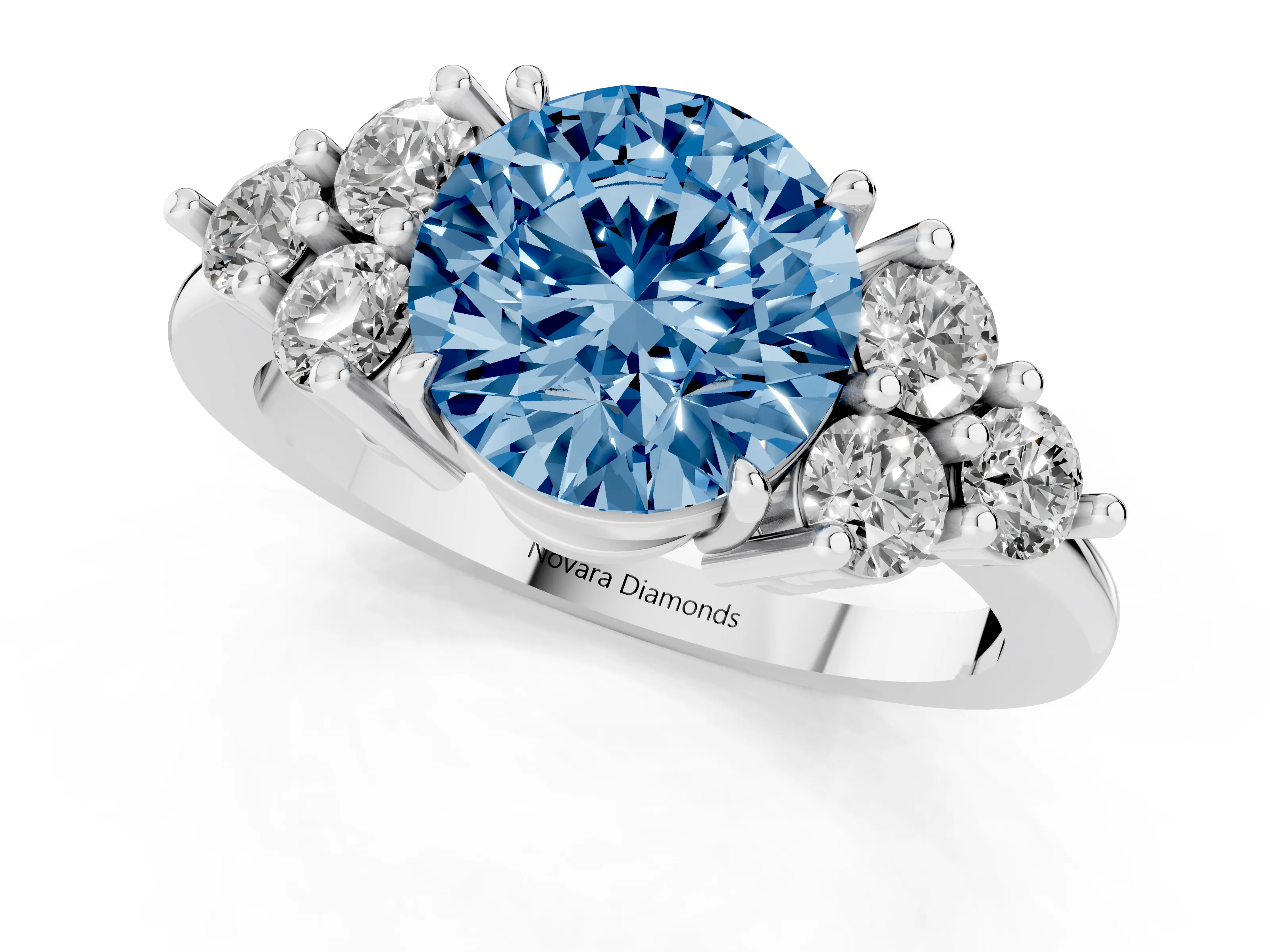 Fancy Blue Round Cut Diamond Solitaire Ring Set in Silver with Cluster Accents on Each Side