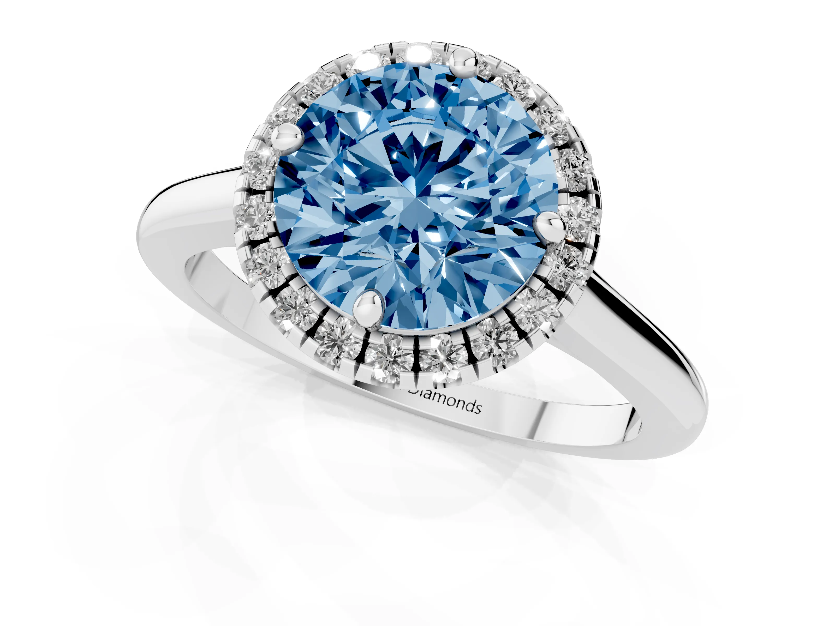 Fancy Blue Round Cut Diamond Halo Engagement Ring Set in Platinum with Pavé Band and Rising Shoulders – second view