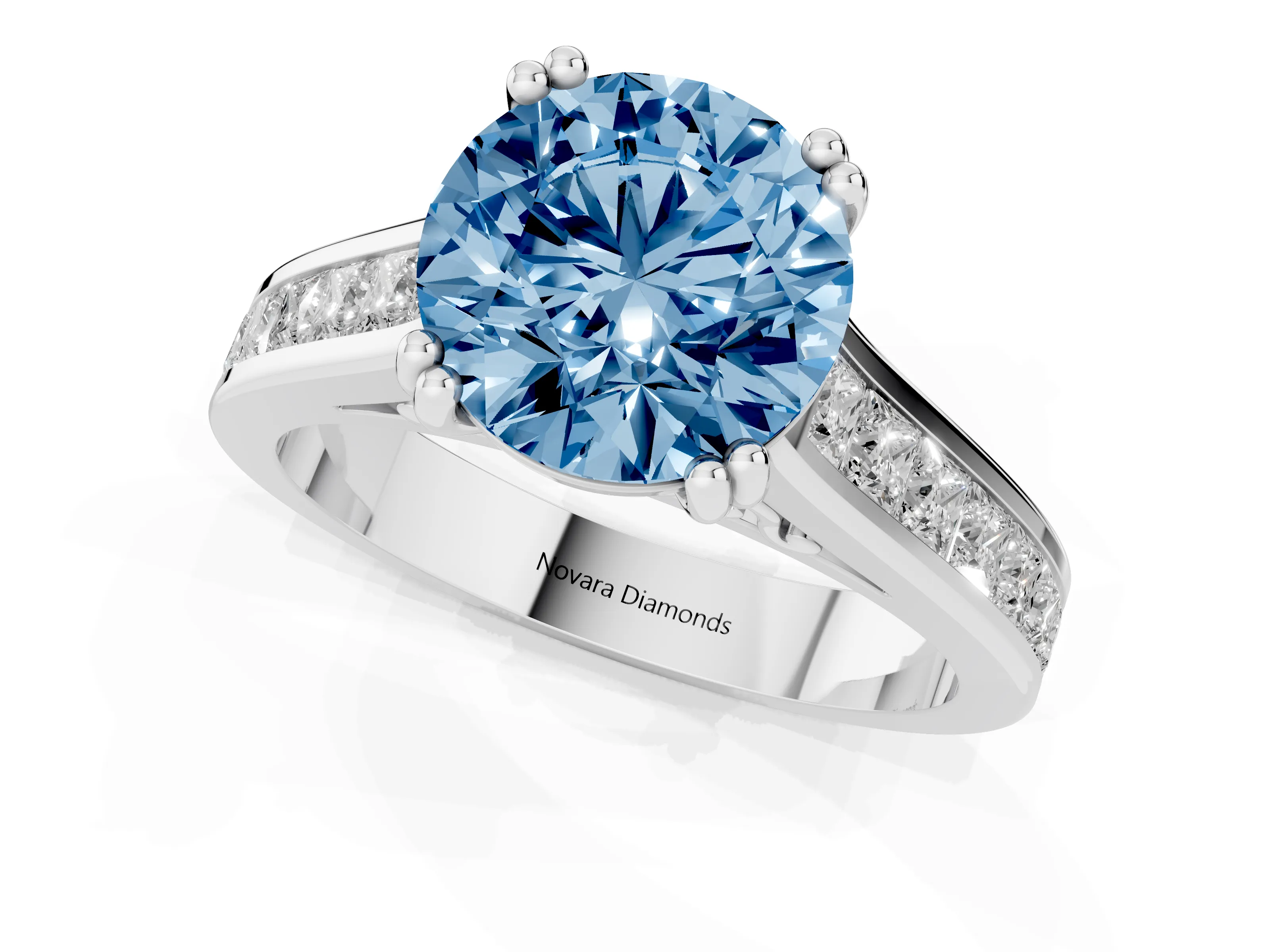Fancy Blue Round Cut Diamond Channel Set Solitaire Engagement Ring Set in Platinum with Prong Setting