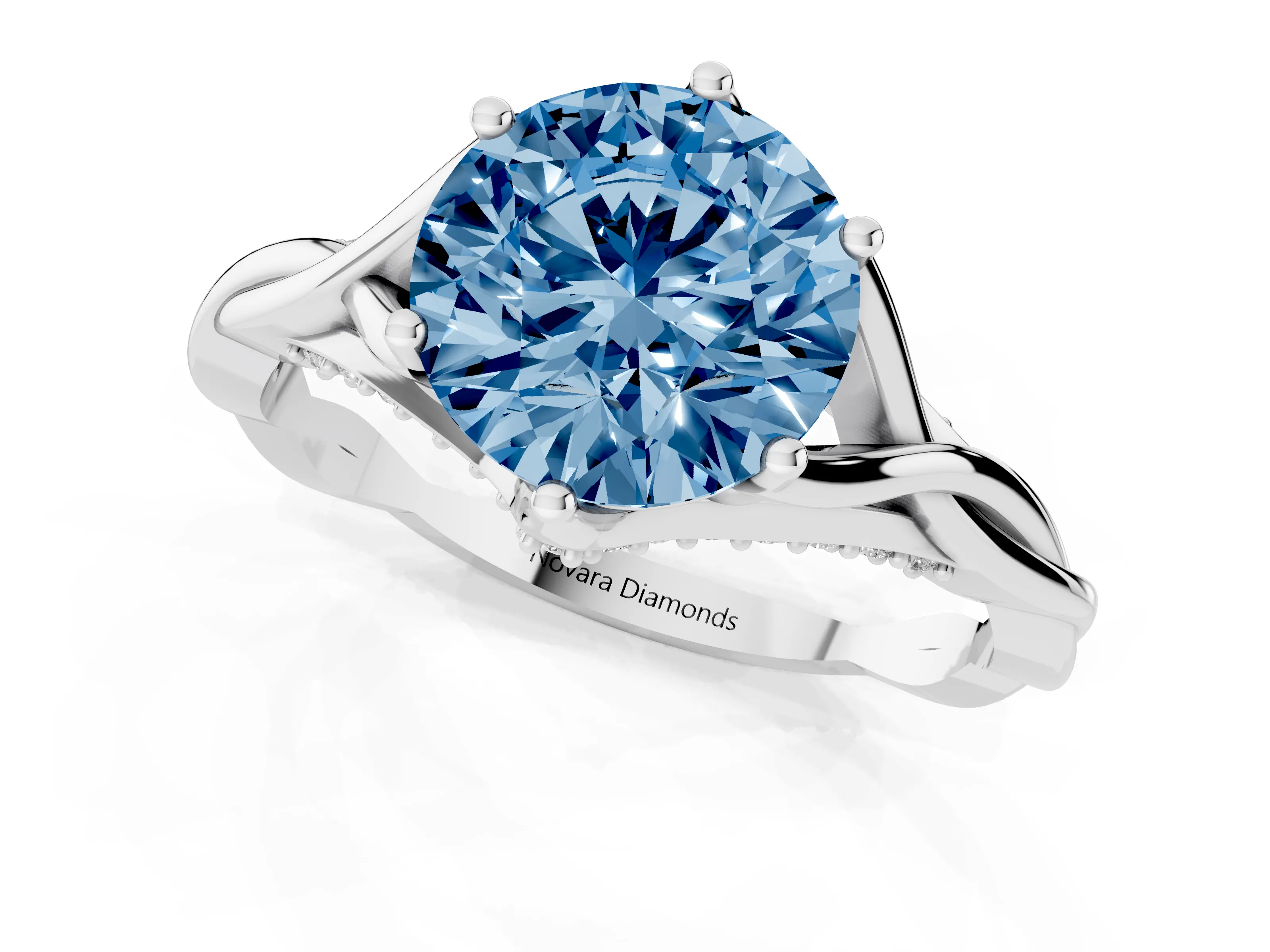 Fancy Blue Round Cut Diamond Intertwined Twist Band Solitaire Ring Set in White gold with Prong Setting