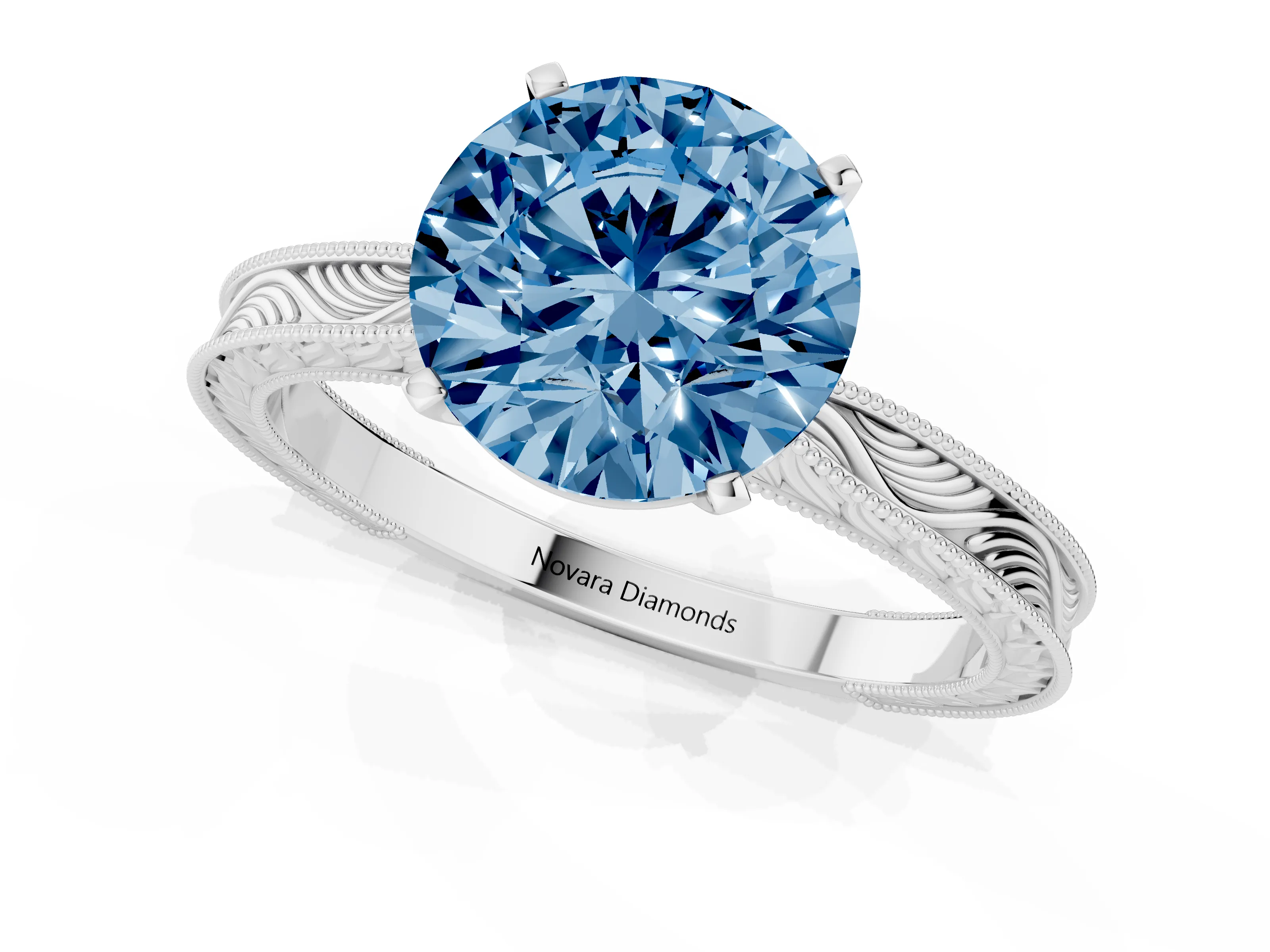 Fancy Blue Round Cut Diamond Solitaire Milgrain Engraved Band Set in Platinum with Prong Setting